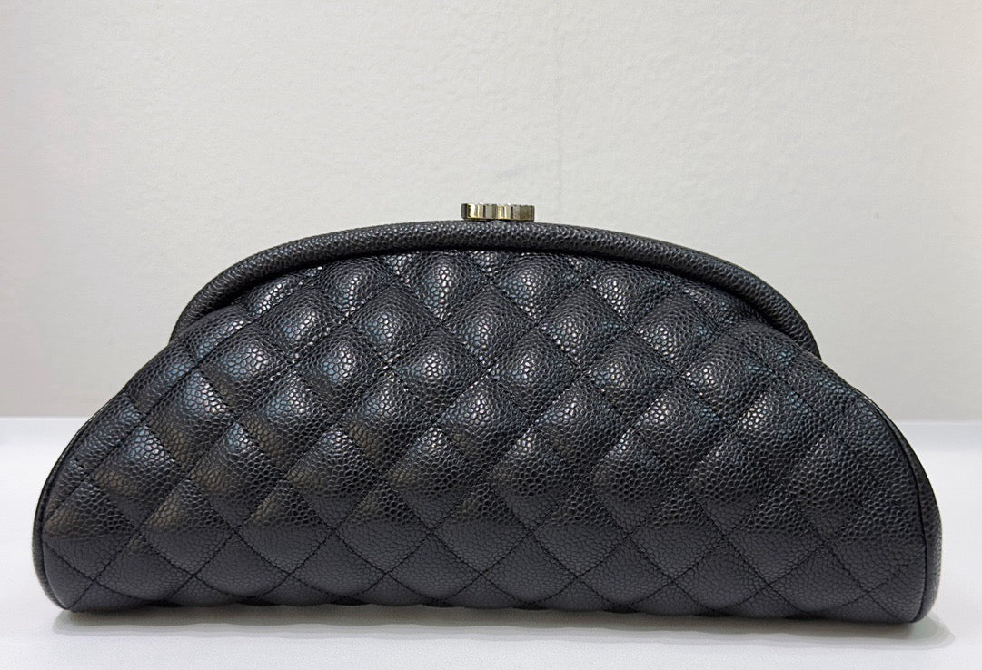 Chanel Quilted Timeless Kisslock Clutch Black Caviar SHW