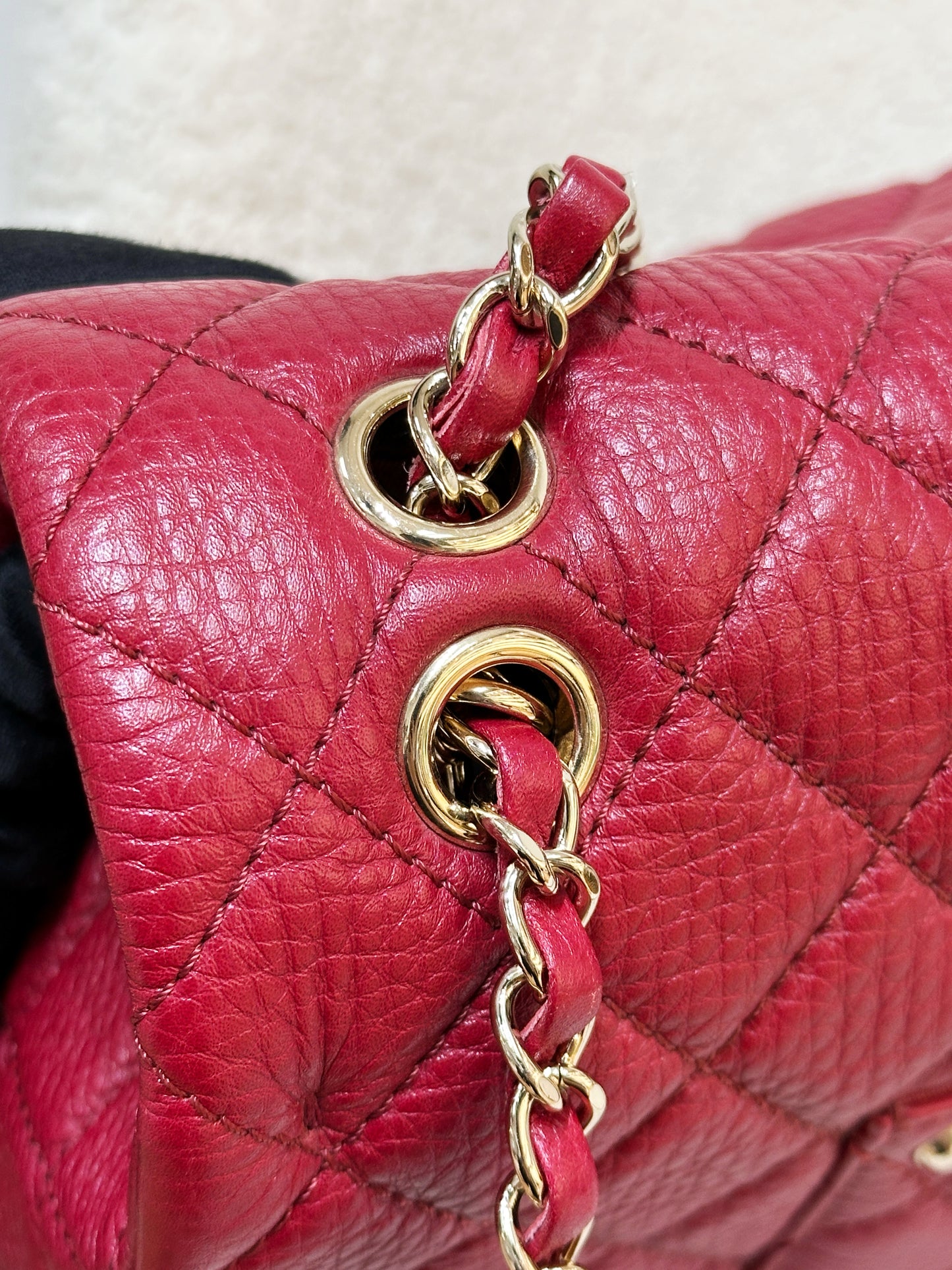 Chanel Red Grained Calfskin XL Small Travel Flap Bag Light Gold Hardware