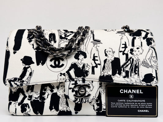 Chanel Canvas Coco Icons Medium Double Flap Bag Black White 827 holo card
