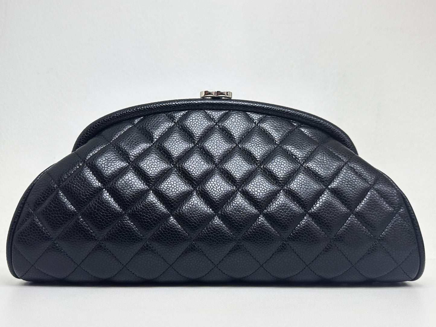 Chanel Quilted Timeless Kisslock Clutch Black Caviar SHW 1915 holo card