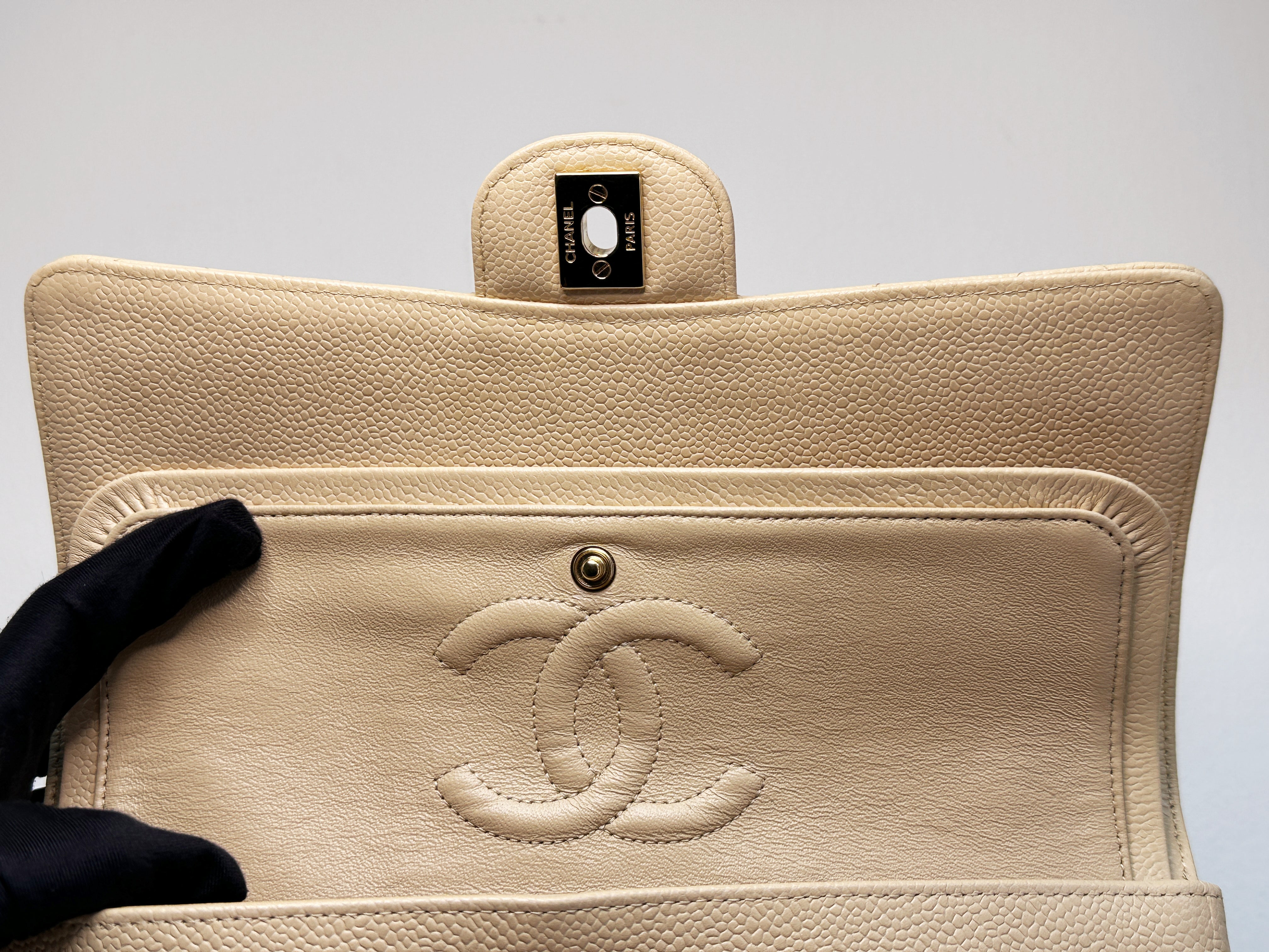 Chanel Medium Beige Classic Caviar Double Flap Bag GHW 2163 holo