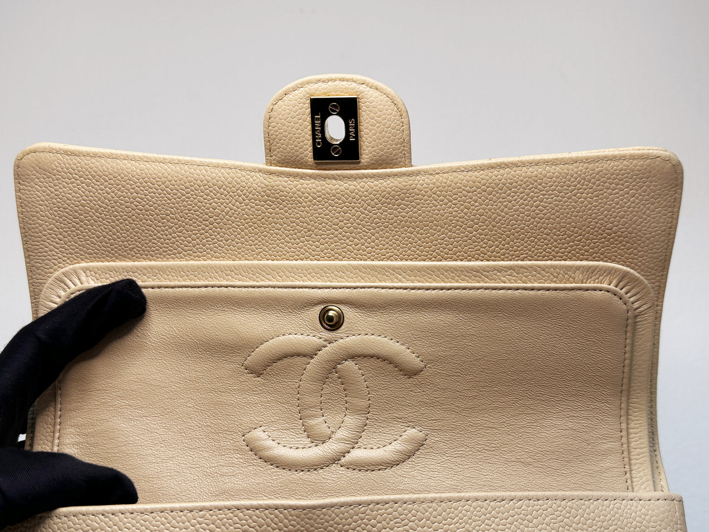 Chanel Medium Beige Classic Caviar Double Flap Bag GHW 2163 holo