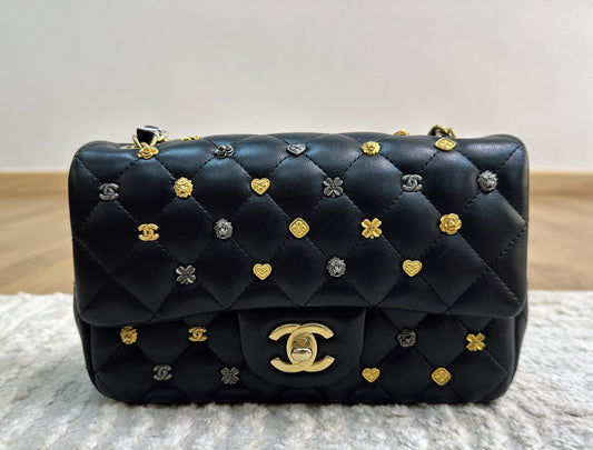 CHANEL Lambskin Quilted Studded Mini Rectangular Flap Black