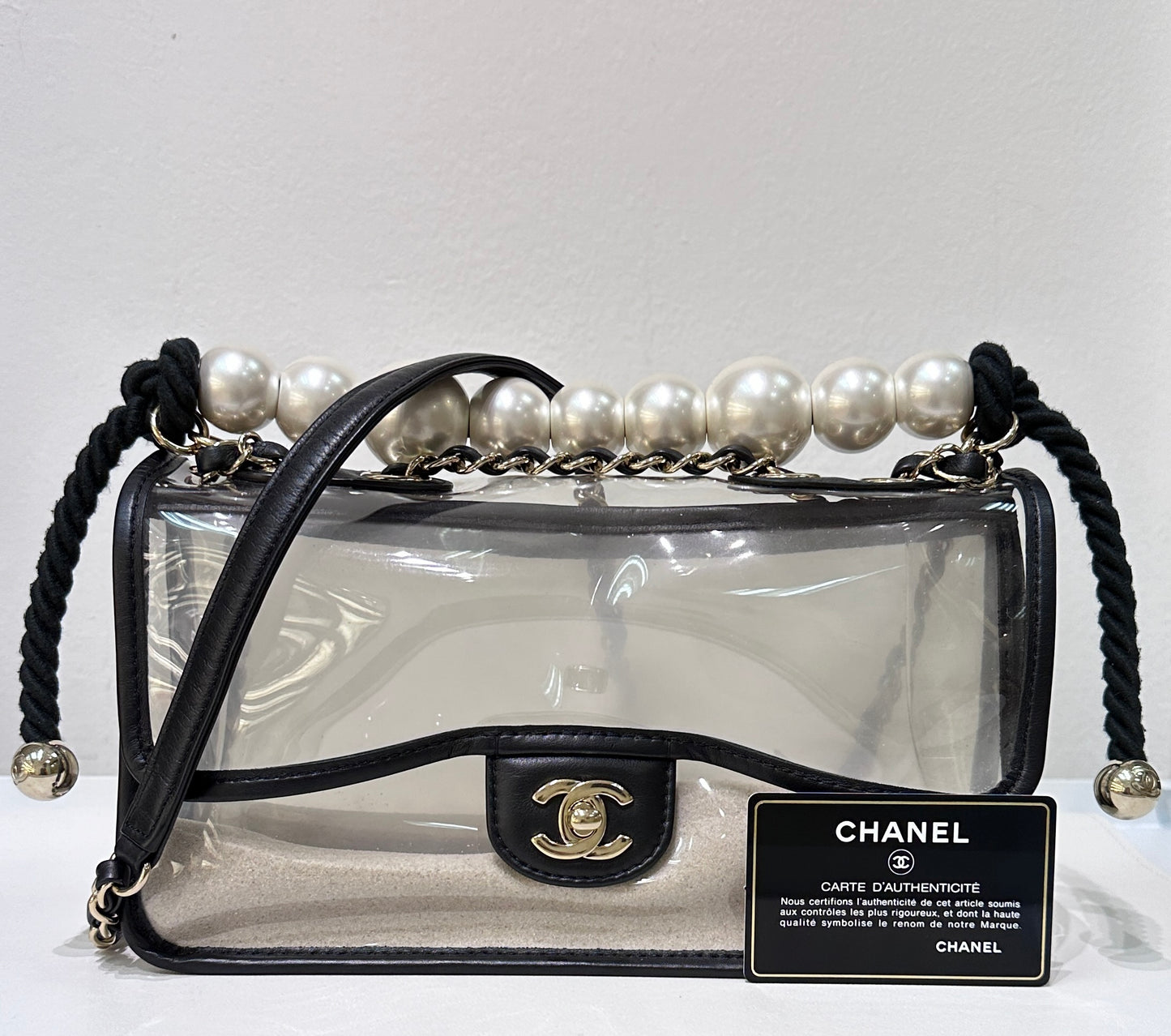 Chanel Medium Lambskin CoCo Sand PVC Sand By The Sea Flap With Pearl Strap Black GHW