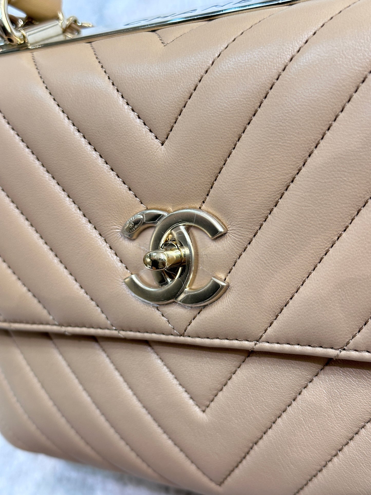 Chanel Lambskin Chevron Quilted Medium Trendy CC Dual Handle Flap Bag Beige