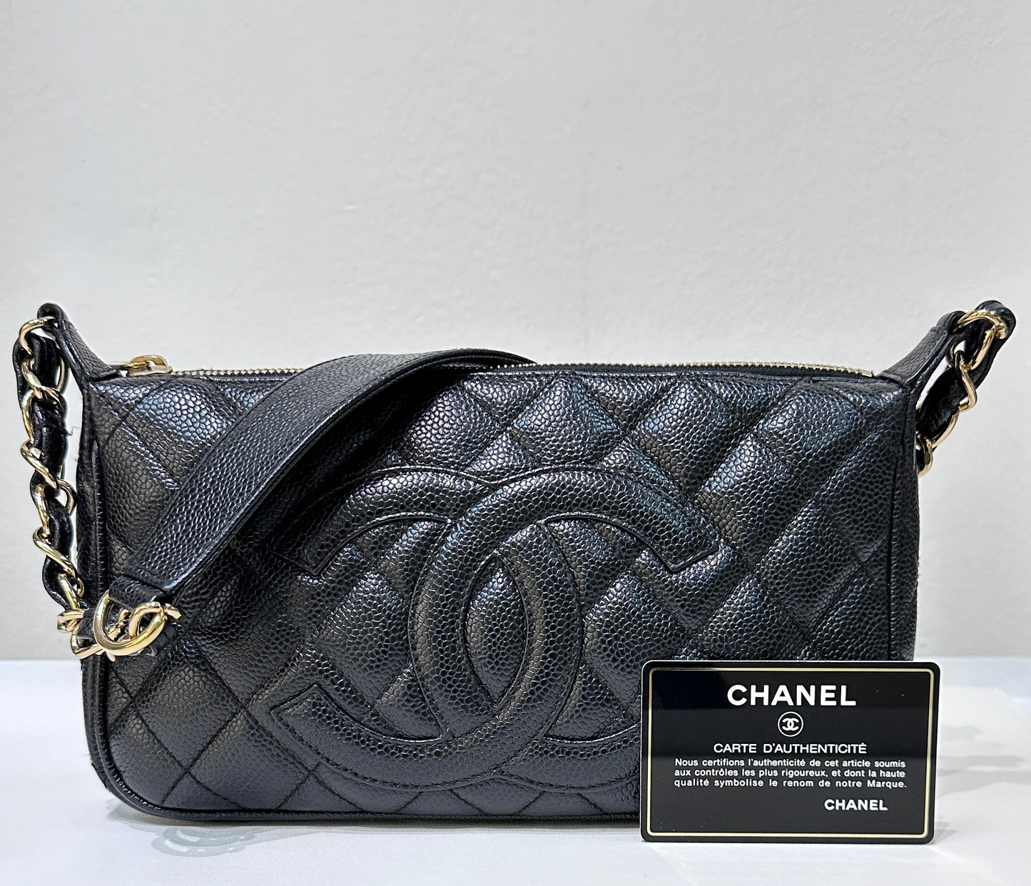 Chanel Small Caviar Quilted Pochette Shoulder Bag Black GHW