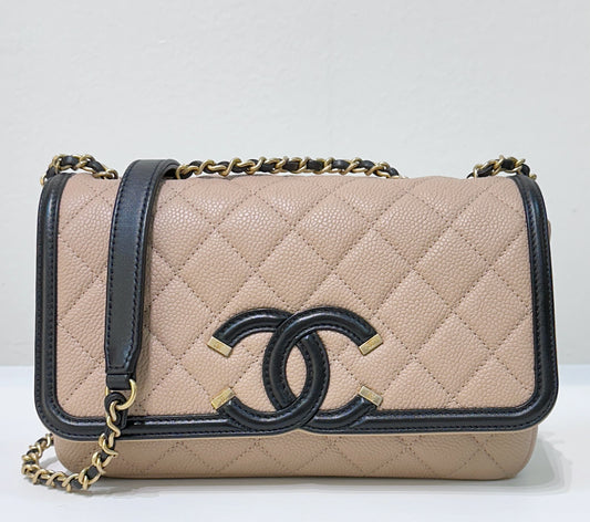 Chanel Small Caviar Quilted CC Filigree Flap Beige Black