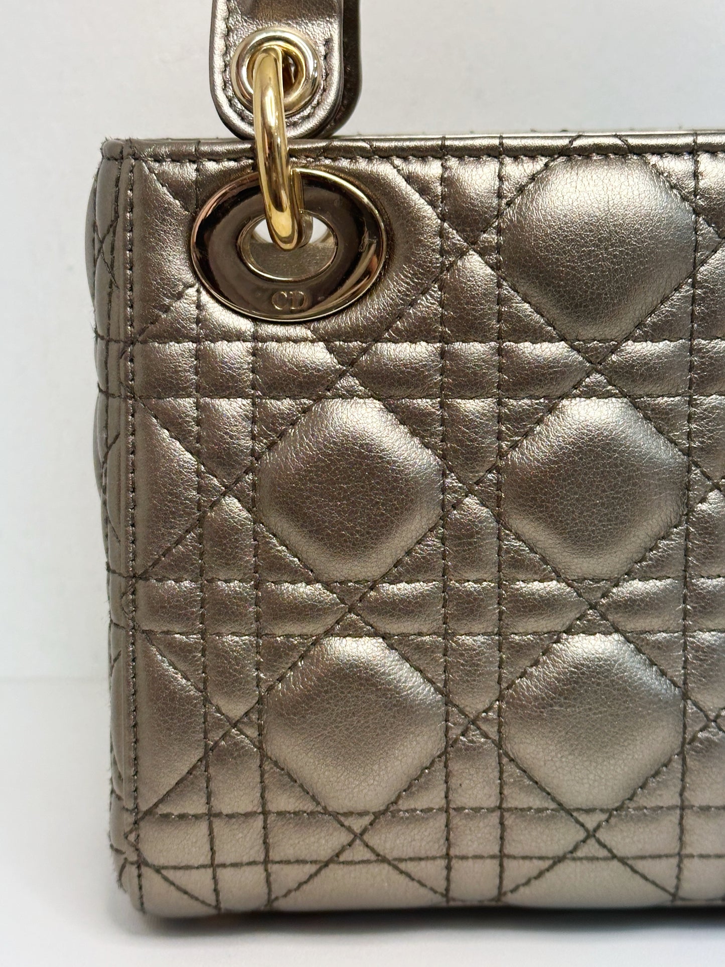 CHRISTIAN DIOR LADY MINI CALFSKIN CANNAGE BRONZE METALLIC GOLDEN HARDWARE CHAIN STRAP