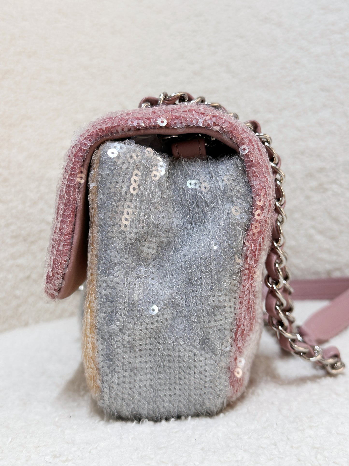 Chanel 18S Sequin Mini Waterfall Flap Pink Blue Yellow 2557 holo card