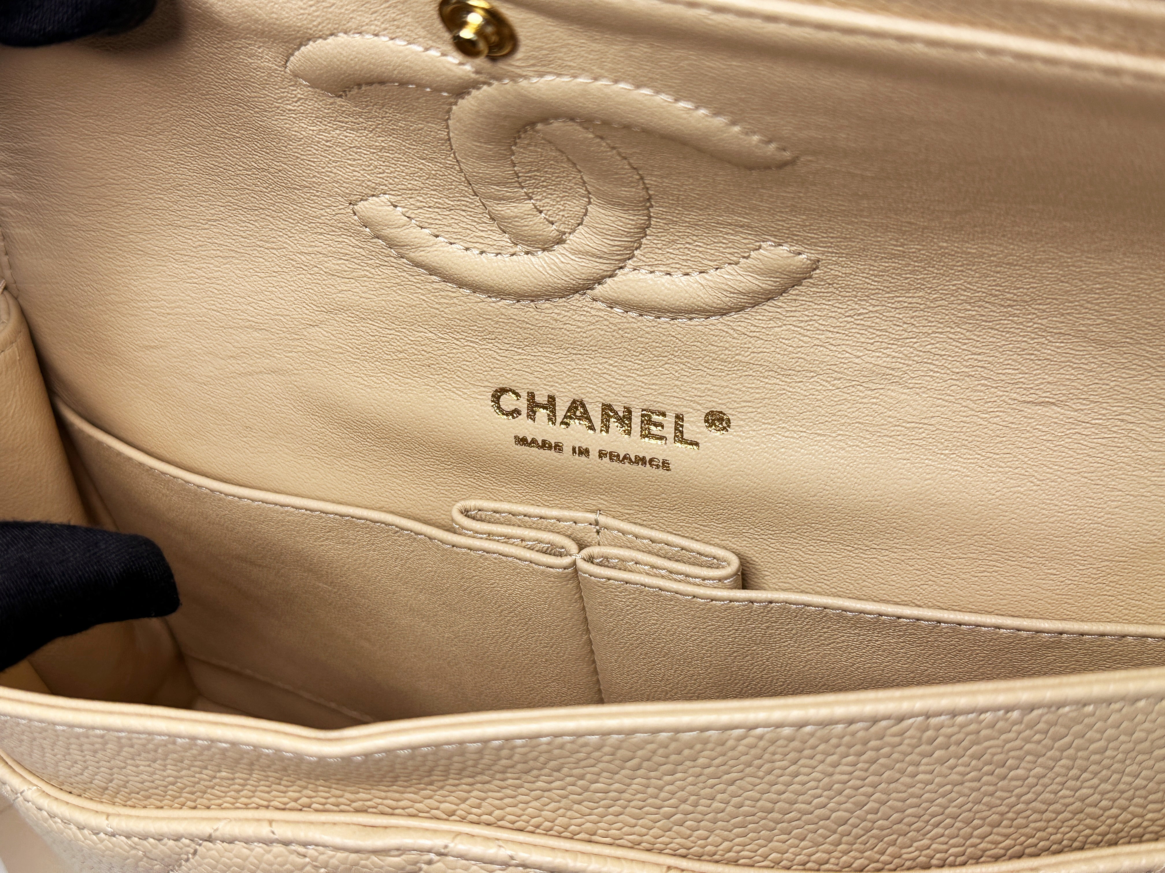 Chanel Medium Beige Classic Caviar Double Flap Bag GHW 2163 holo
