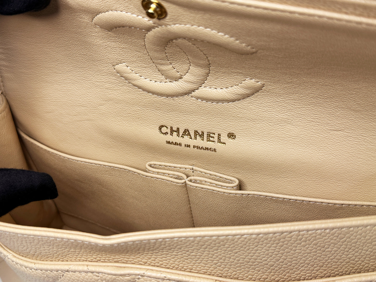 Chanel Medium Beige Classic Caviar Double Flap Bag GHW 2163 holo