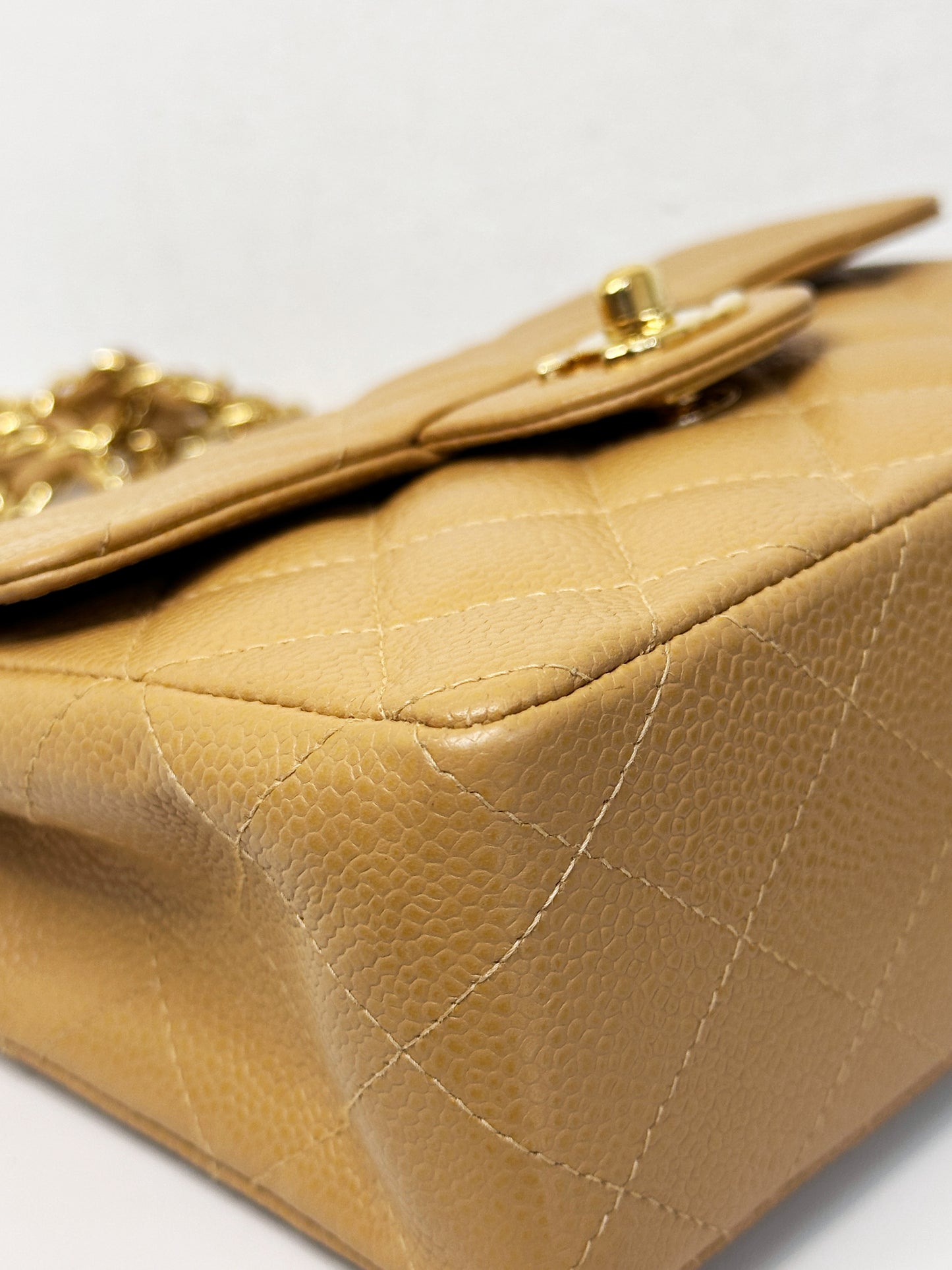 Chanel 24K Gold Mini Square Caviar Classic Flap Chain Shoulder Bag Beige GHW 84 holo card