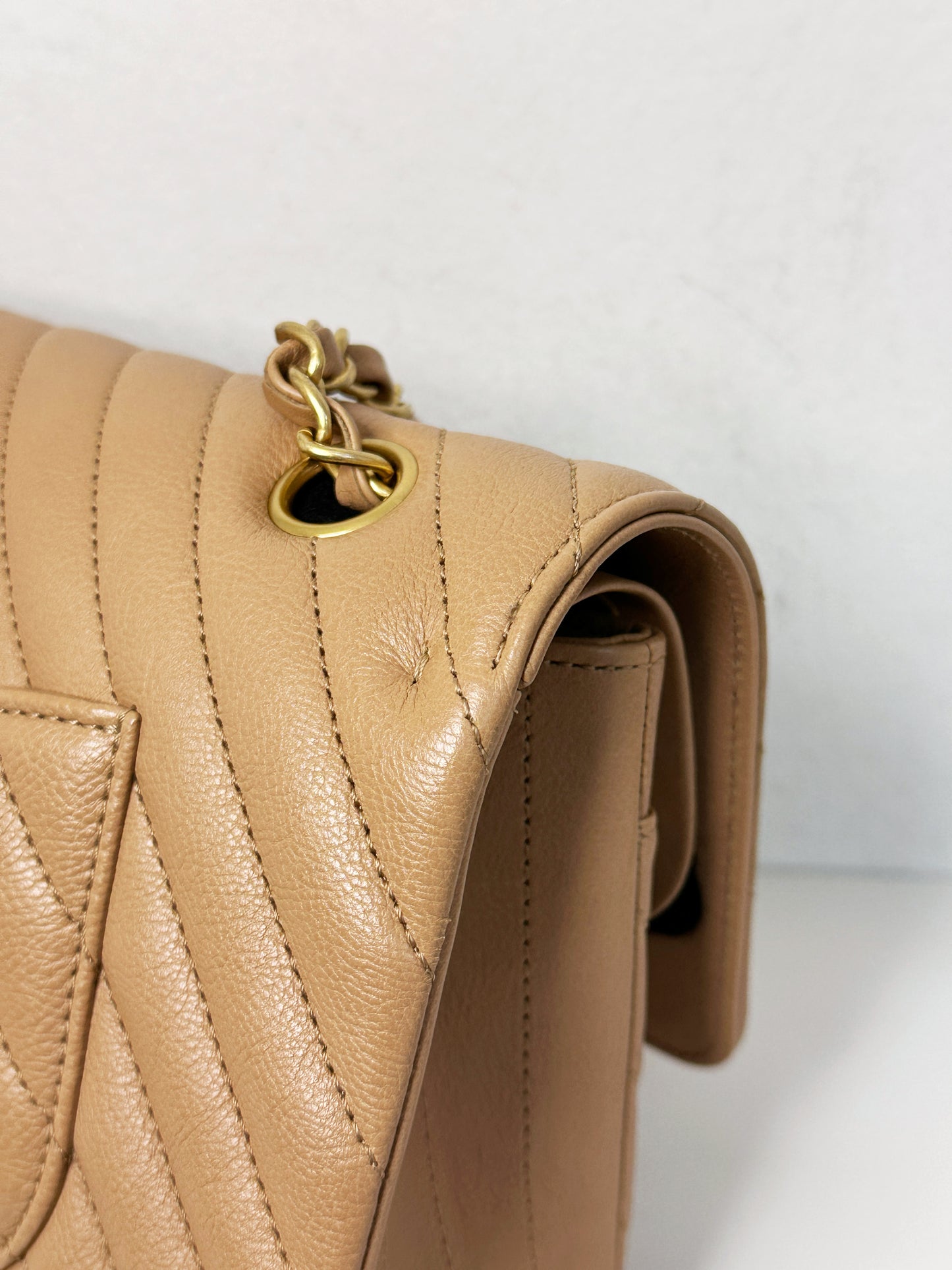 Chanel Calfskin Chevron Quilted Medium Double Flap Beige 2383 holo card