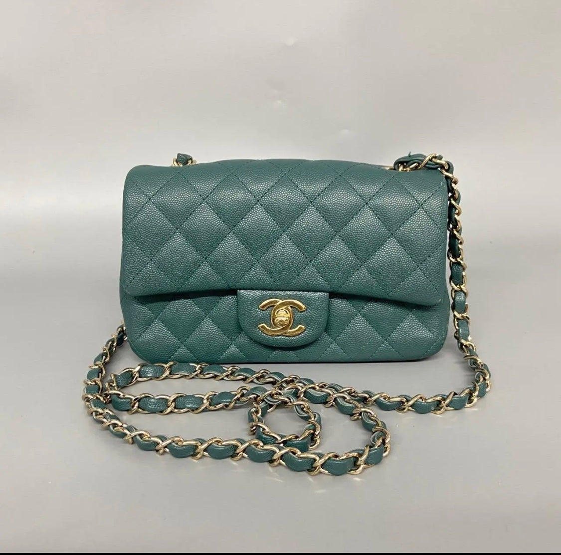 Chanel Mini Rectangle, 17B Dark Turquoise Green Caviar Leather with Shiny Gold Hardware