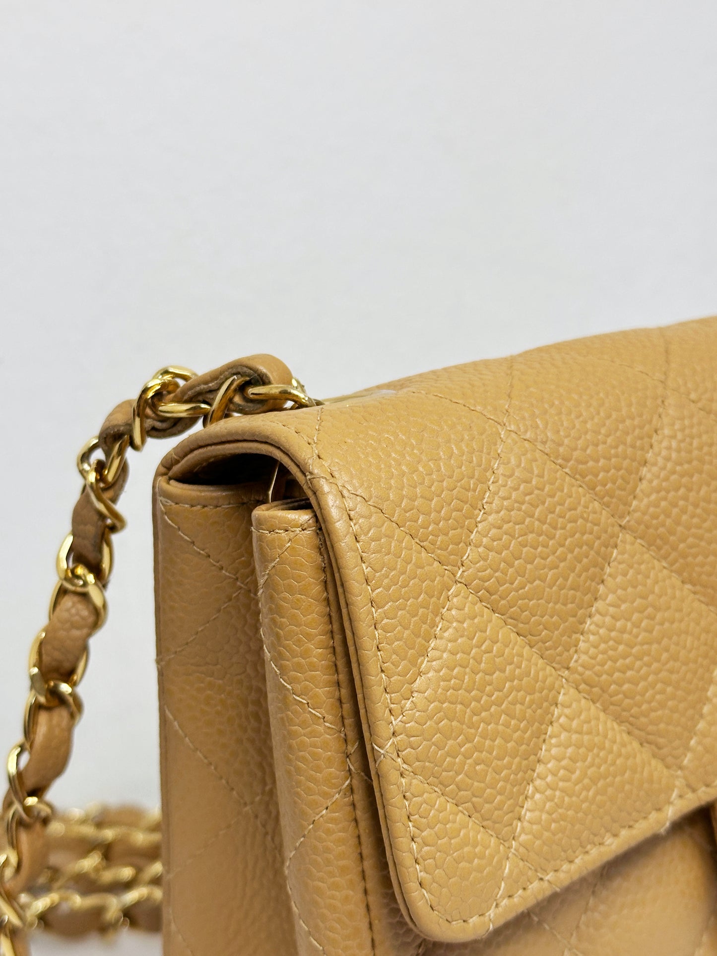 Chanel 24K Gold Mini Square Caviar Classic Flap Chain Shoulder Bag Beige GHW 84 holo card