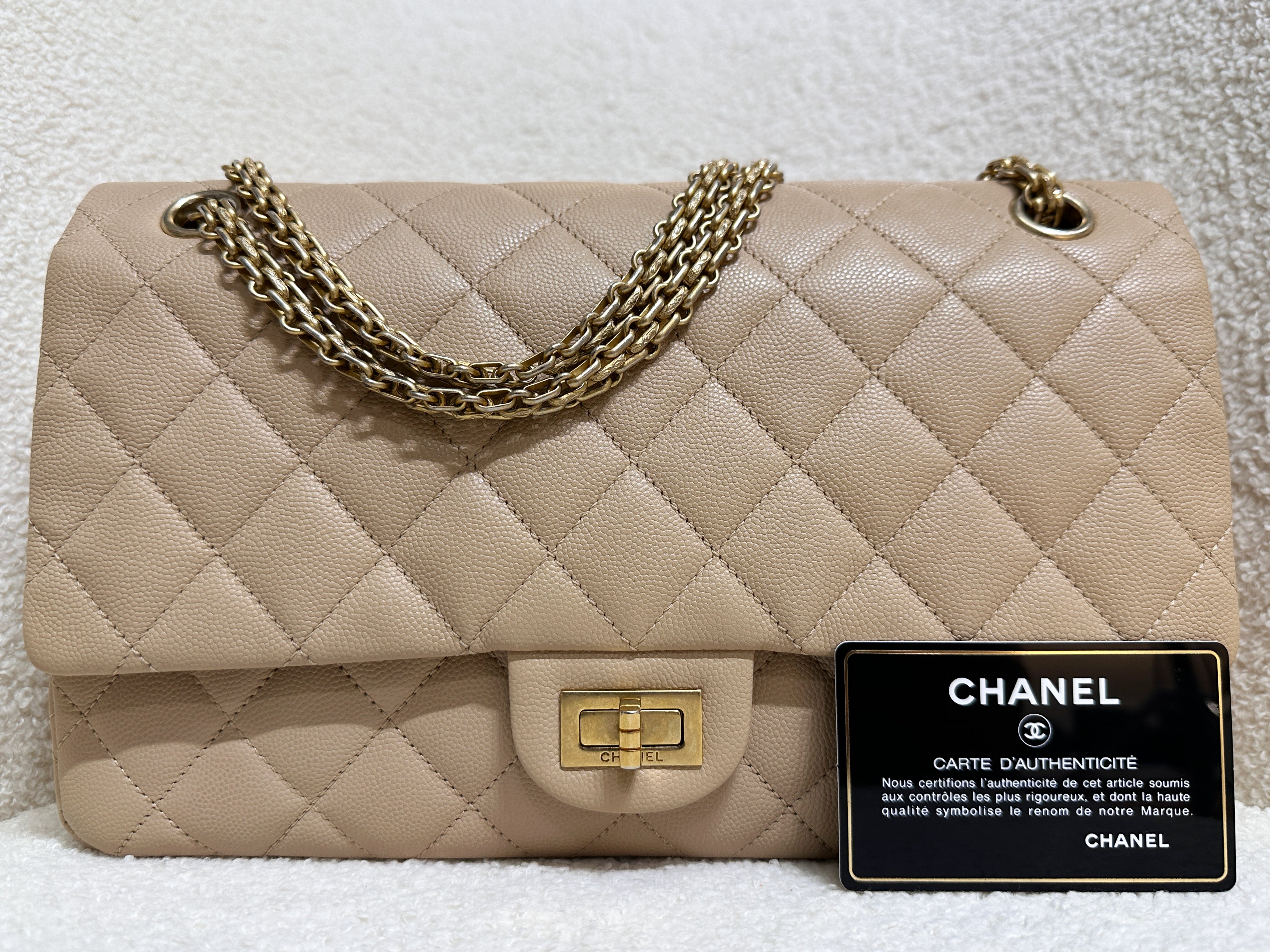 Chanel Classic Quilted Caviar 2.55 Reissue Flap Bag Beige 226 2353 holo card