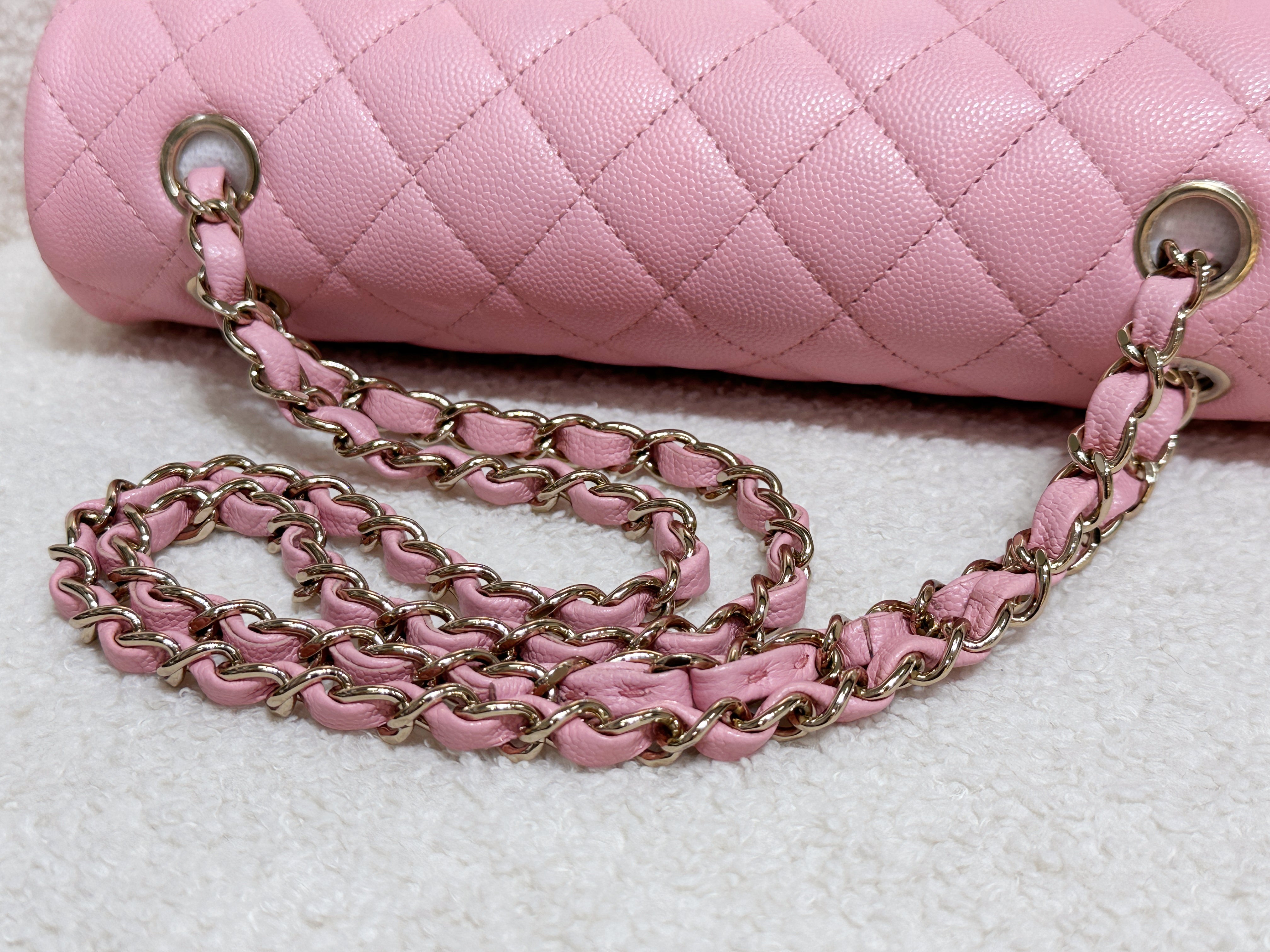 Chanel 22C Classic Quilted Medium Double Flap Bag Sakura Pink AKHX microchip