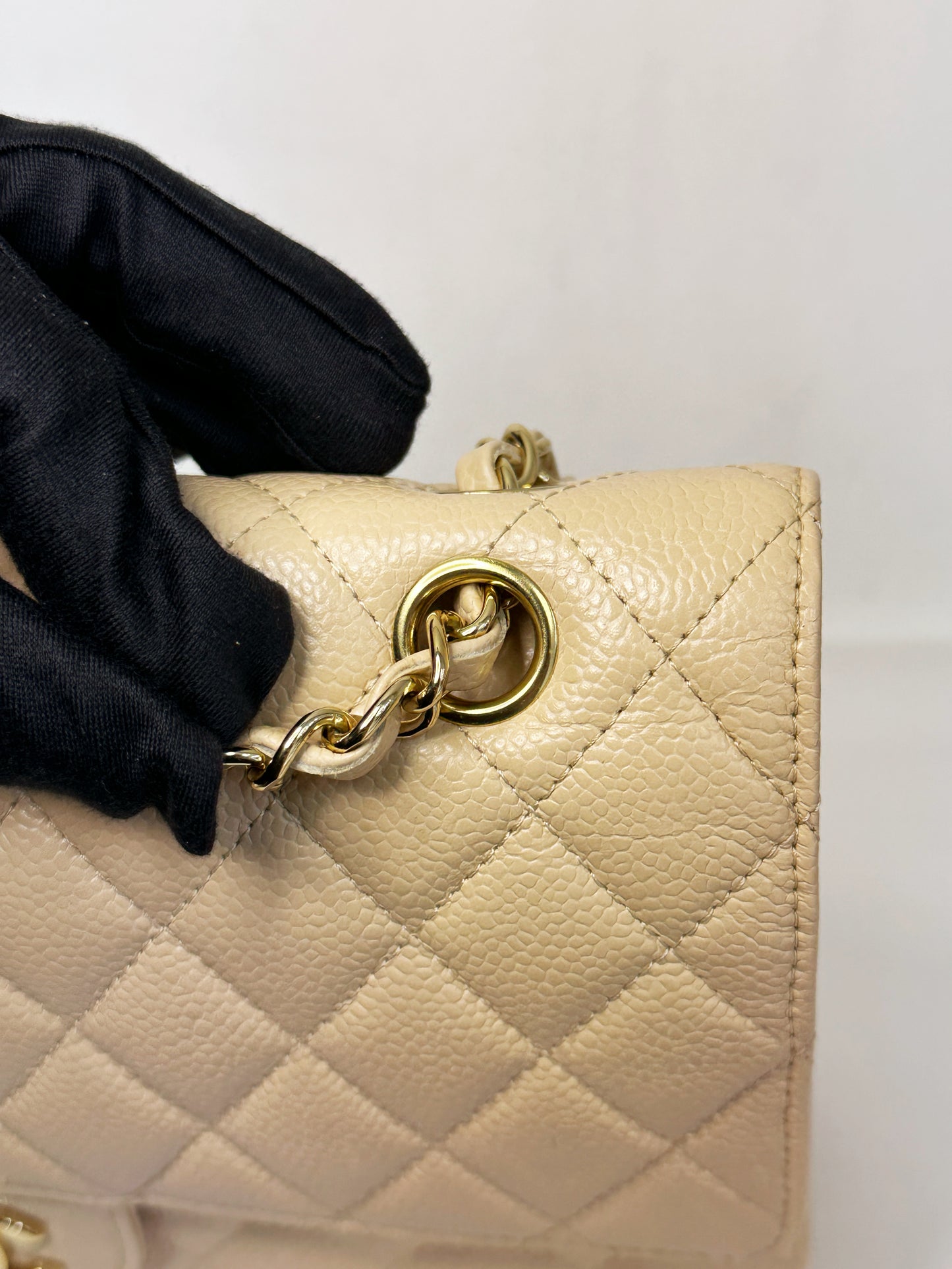 Chanel Medium Beige Classic Caviar Double Flap Bag GHW 2163 holo