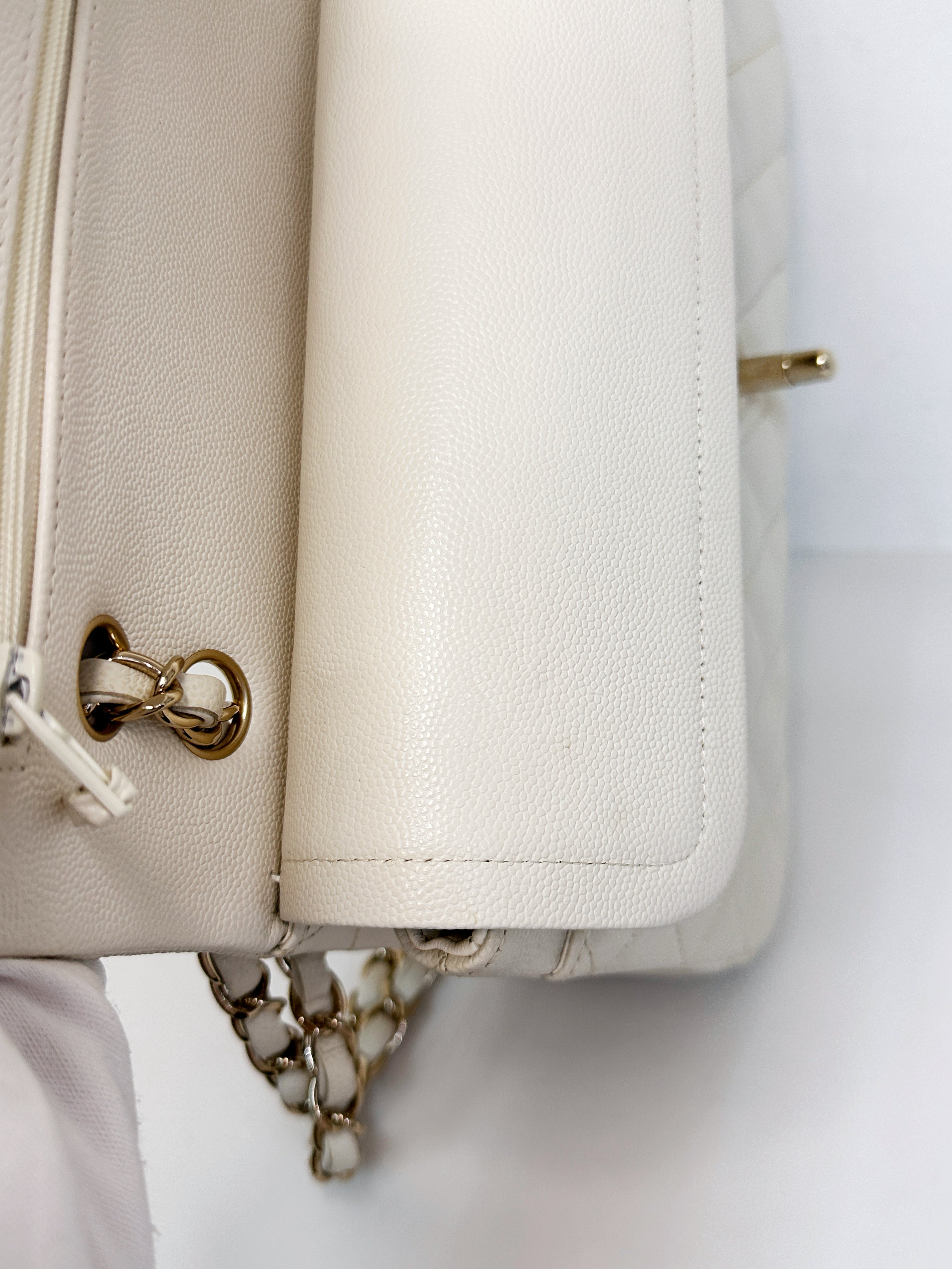 Chanel Medium Caviar Classic Quilted Double Flap White Light Beige Bag LGHW L45J microchip