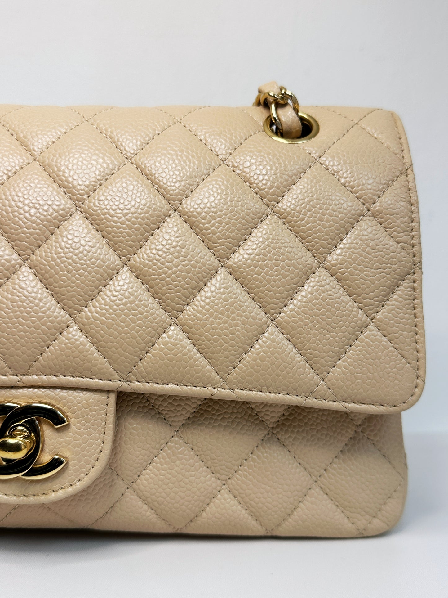 Chanel Medium Beige Classic Caviar Double Flap Bag GHW 2163 holo