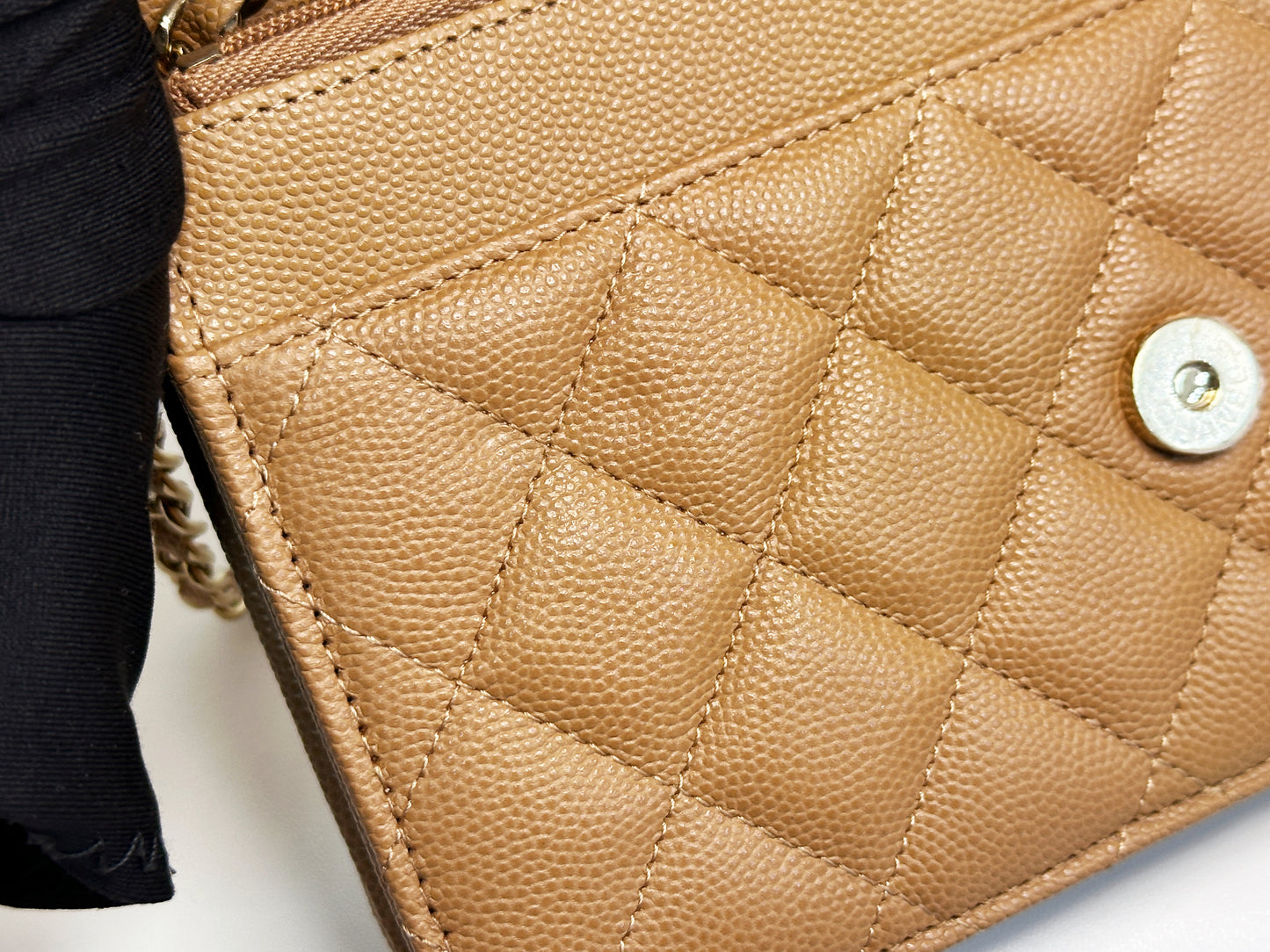 Chanel 23P Caramel Dark Beige Caviar Classic Quilted Wallet on chain LGHW UK27 microchip