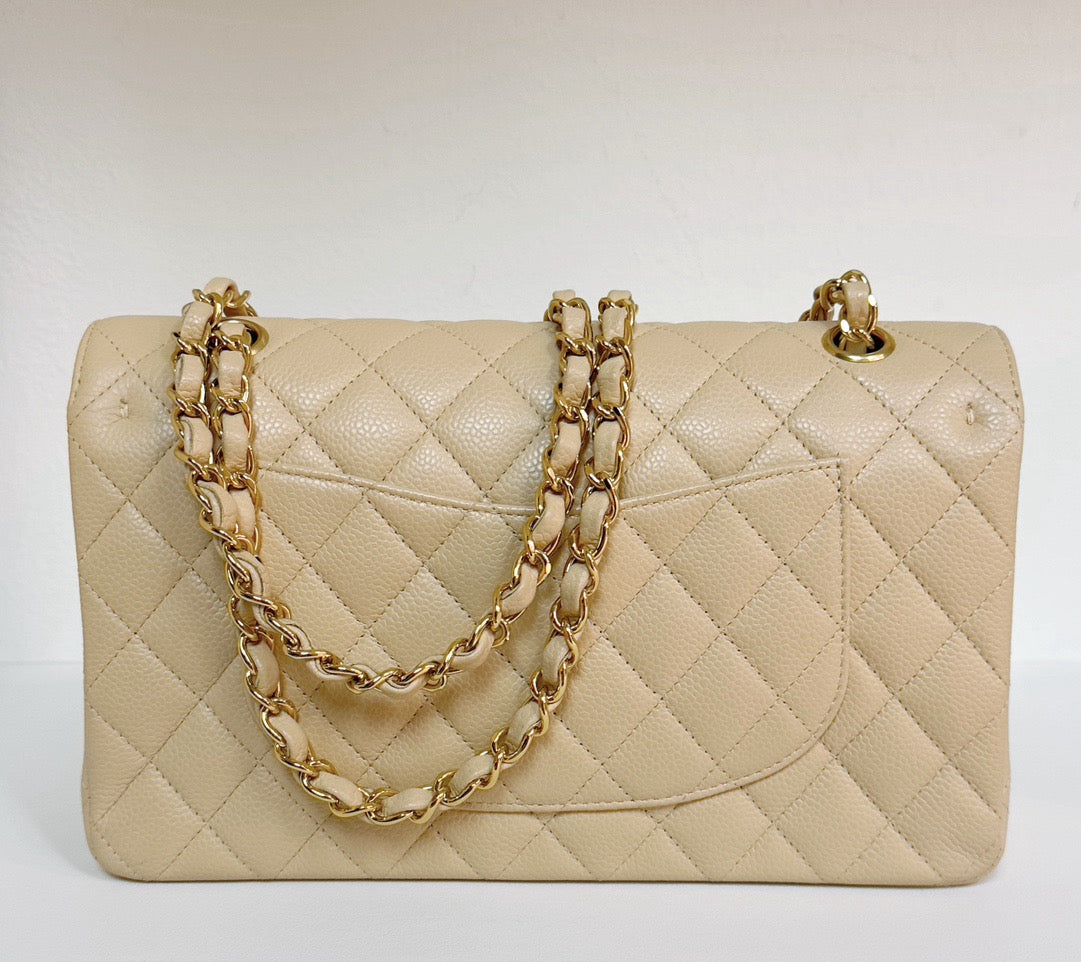 Chanel Medium Beige Classic Caviar Double Flap Bag GHW 1598 holo card