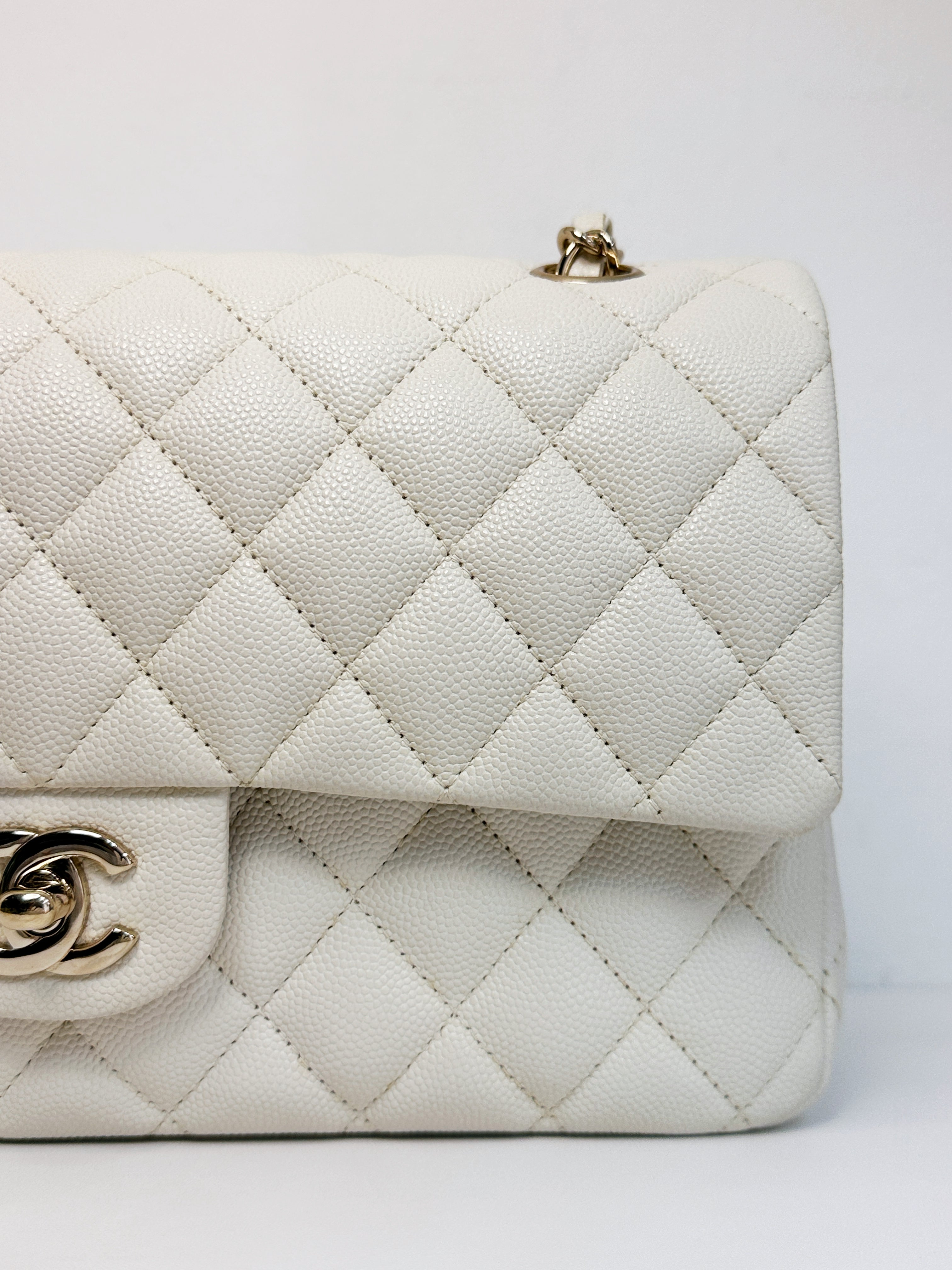 Chanel Medium Caviar Classic Quilted Double Flap White Light Beige Bag LGHW L45J microchip