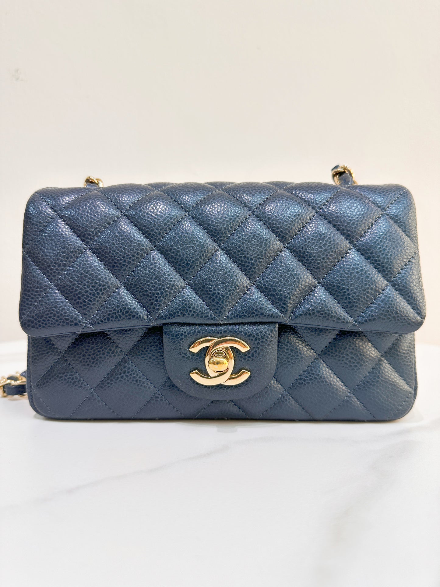 Chanel Classic Mini Rectangular 18S Dark Blue Caviar with light gold hardware