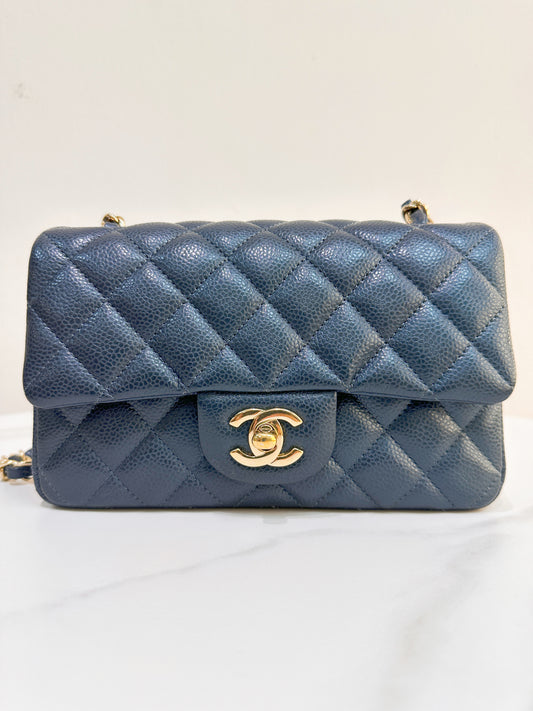 Chanel Classic Mini Rectangular 18S Dark Blue Caviar with light gold hardware