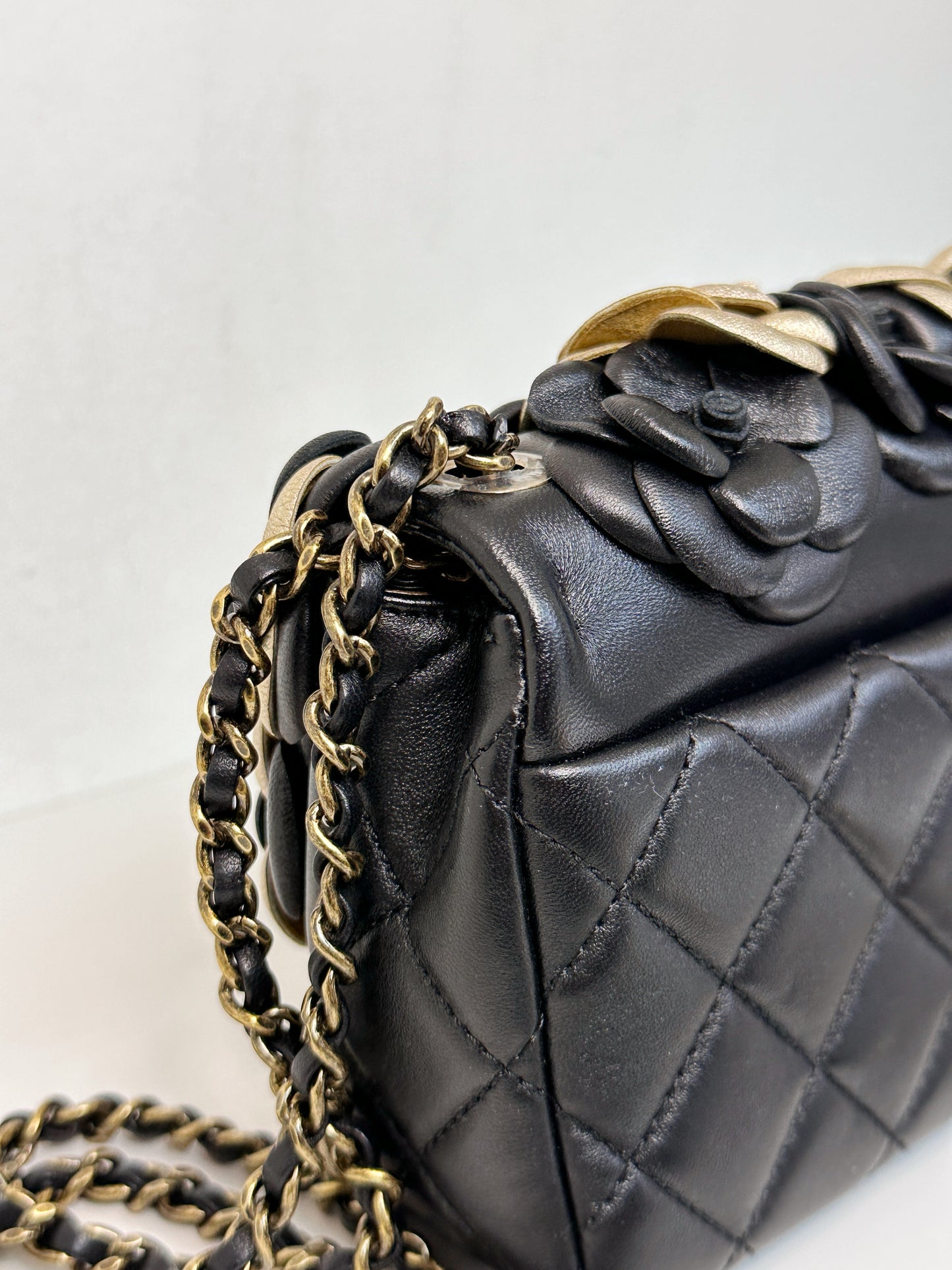 Chanel Mini Metallic Lambskin Quilted Camellia Flap Bag Black Gold 2479 holo card
