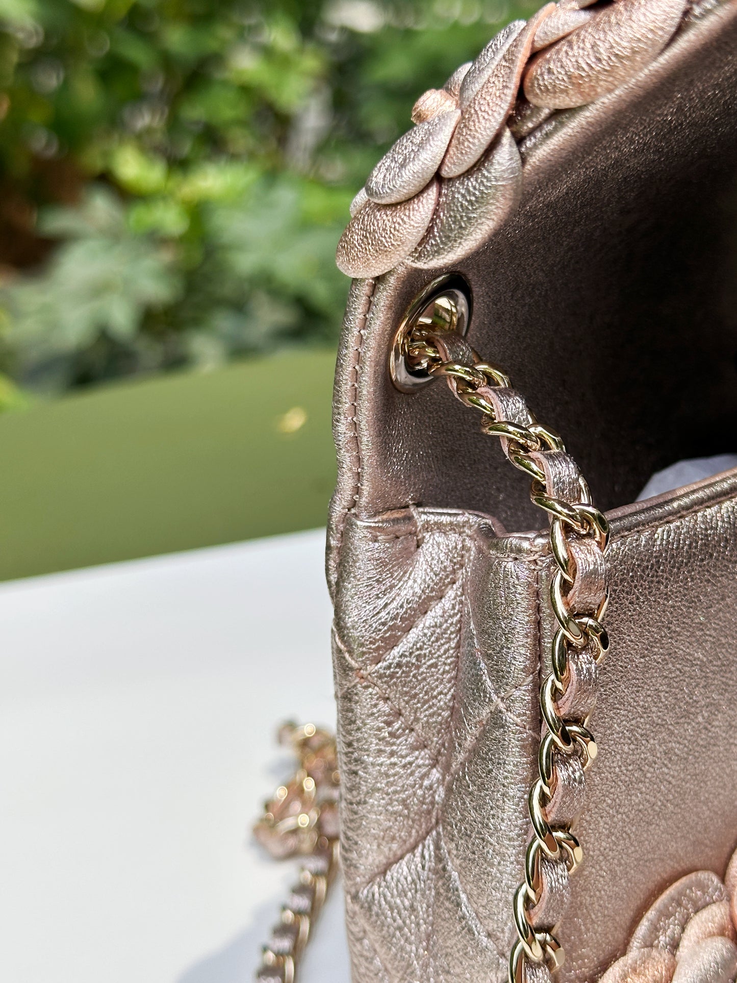 Chanel Camellia Mini Metallic Rose Gold/Pink Lambskin Gold Hardware 2078 holo card