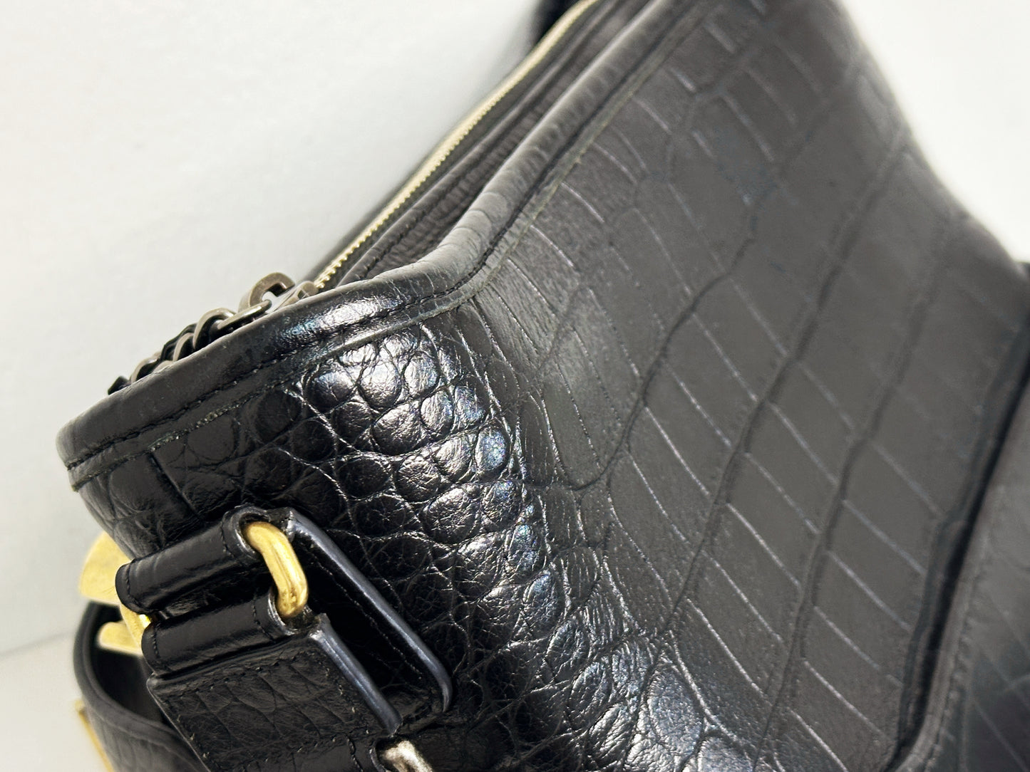 Chanel Small Gabrielle Hobo Bag Crocodile Embossed Calfskin Black 2822 holo card