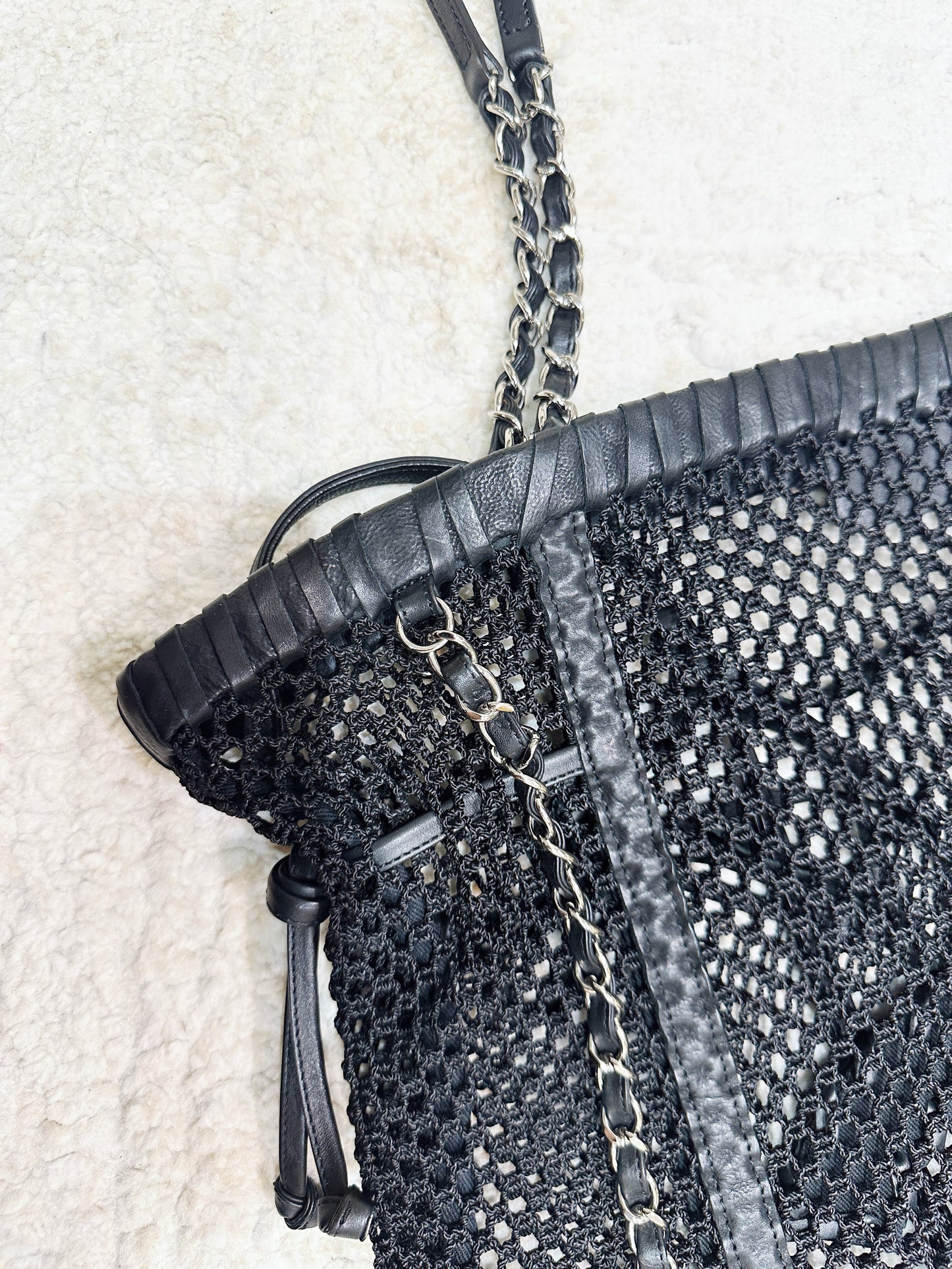 Chanel Limited Edition Resort 2011 Black Fringe Mesh Tote Bag 1373 holo card