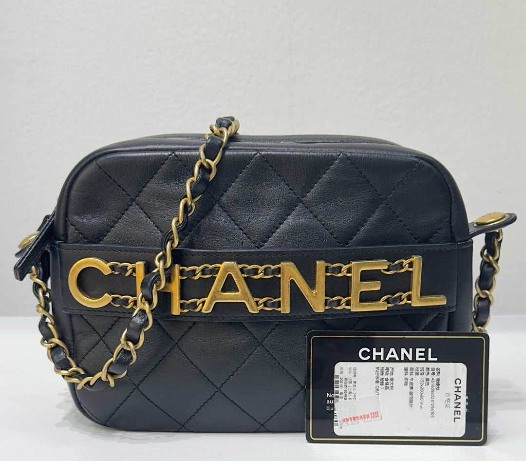 Chanel Calfskin Quilted Enchained Camera Case Bag Black