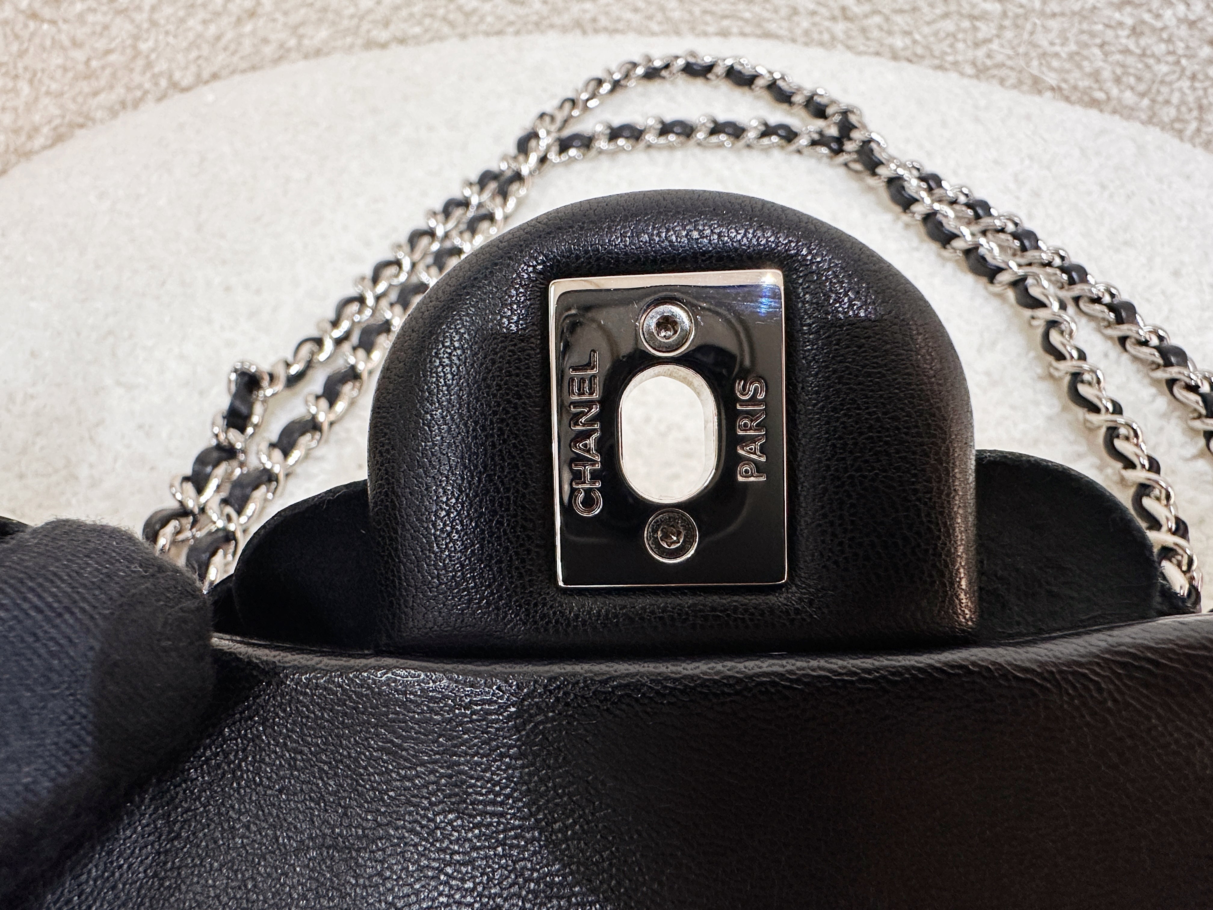 Chanel Mini Rectangular Camellia Flap Bag Black Lambskin and Patent Silver Hardware