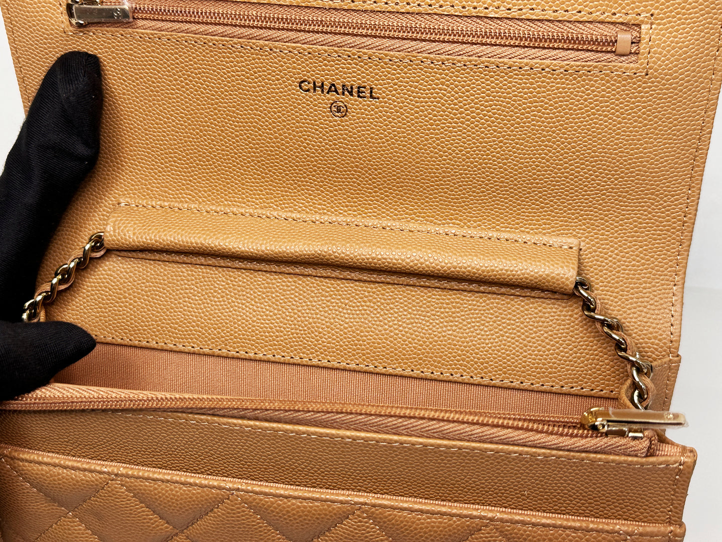 Chanel 23P Caramel Dark Beige Caviar Classic Quilted Wallet on chain LGHW UK27 microchip