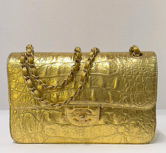 Chanel Small Calfskin Crocodile Embossed  Gold Metallic Flap Bag