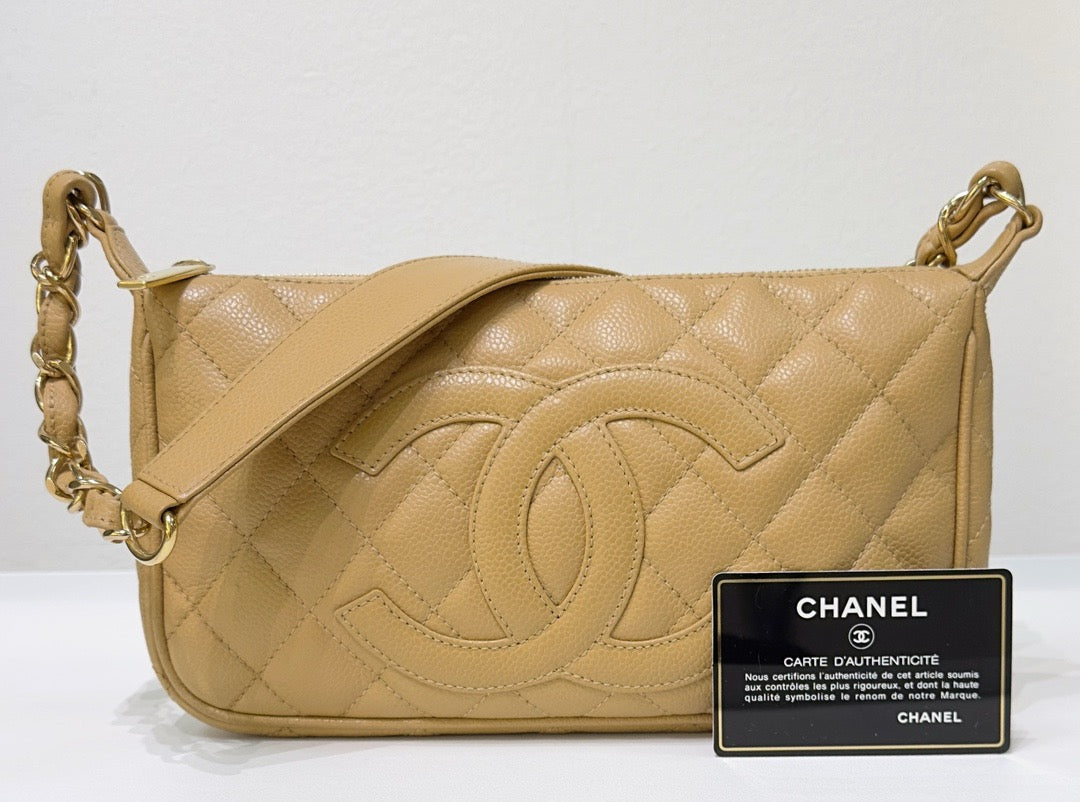 Chanel Small Caviar Quilted Pochette Shoulder Bag Beige GHW