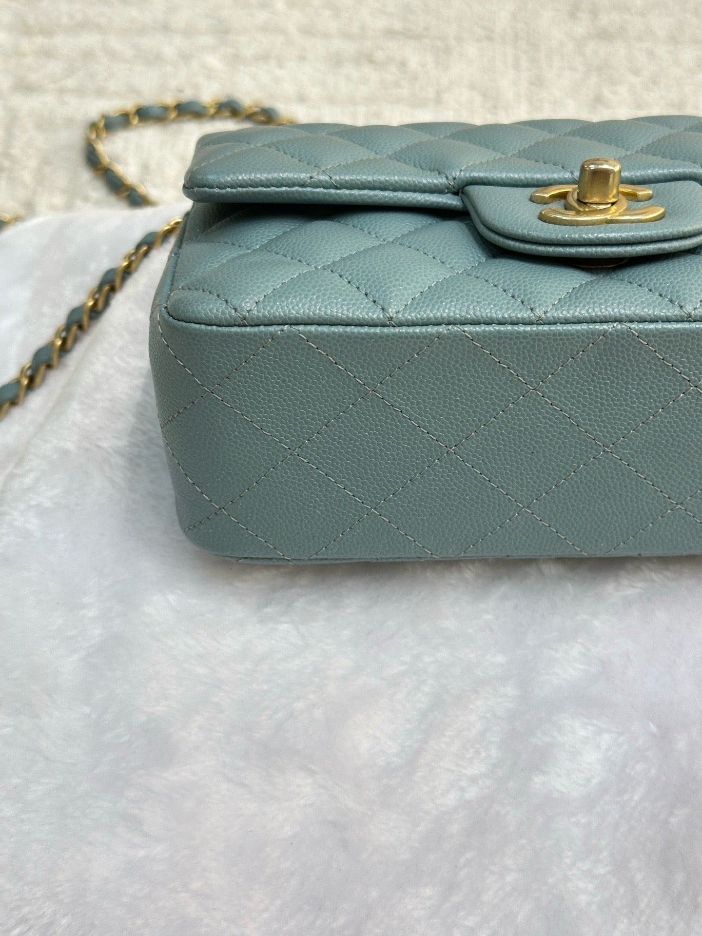 CHANEL Iridescent Caviar Quilted Mini Rectangular Flap Light Blue 18C