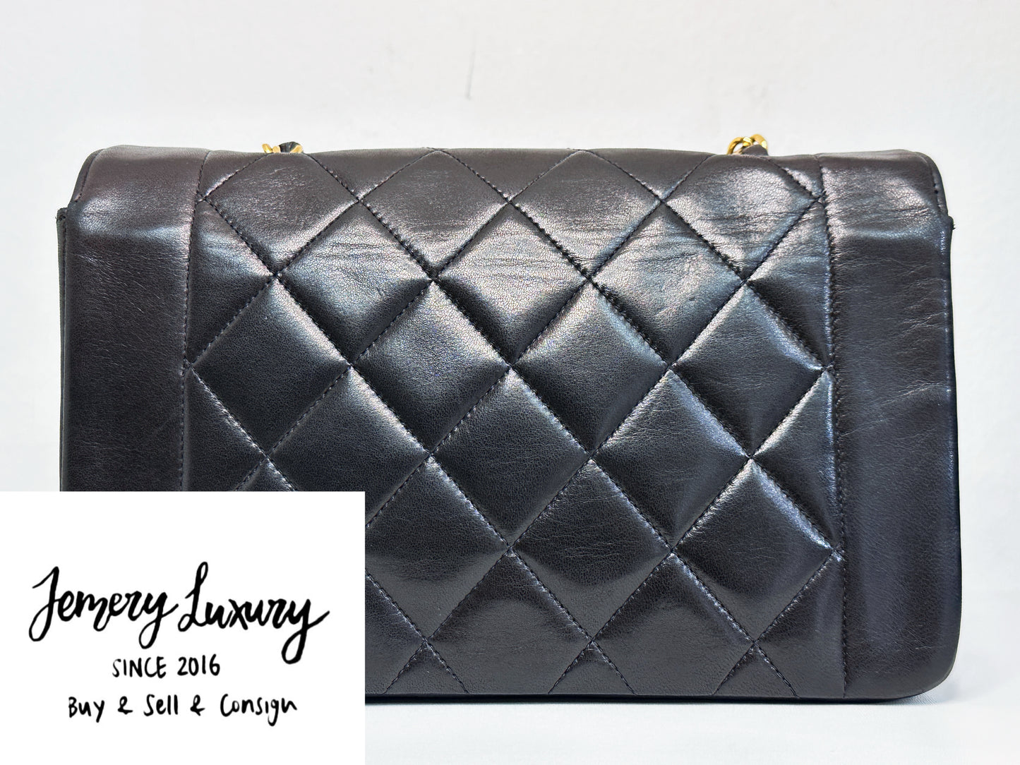 Chanel Vintage Quilted Diana Flap Bag Black Lambskin 25 holo card