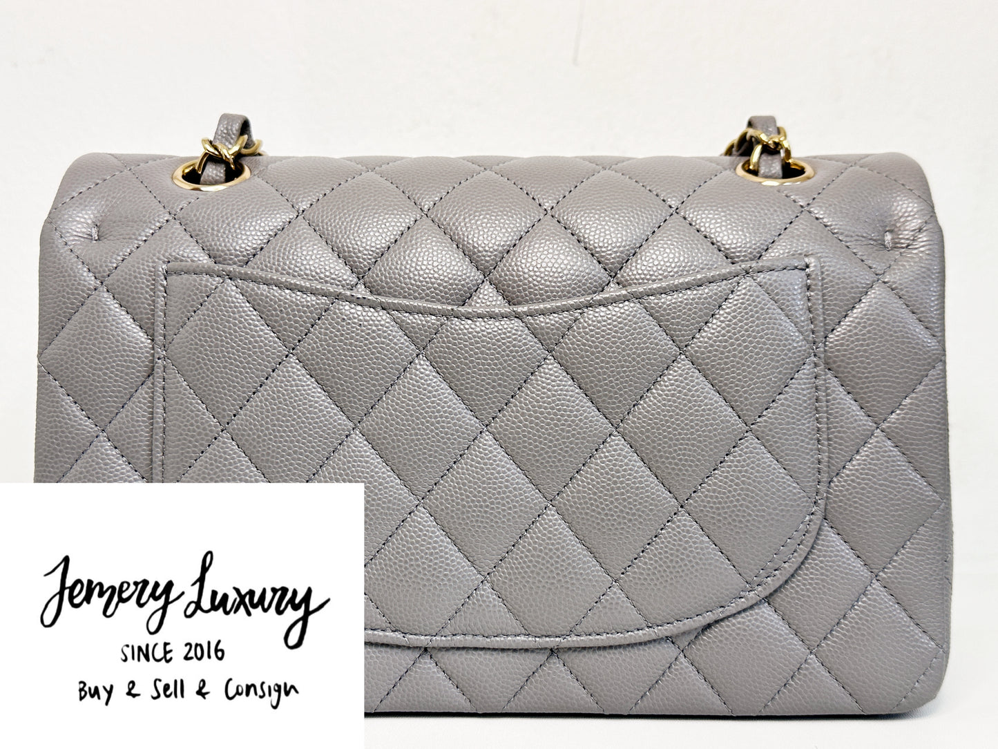 Chanel Small Caviar Quilted Double Flap Bag Grey LGHW EK81 microchip