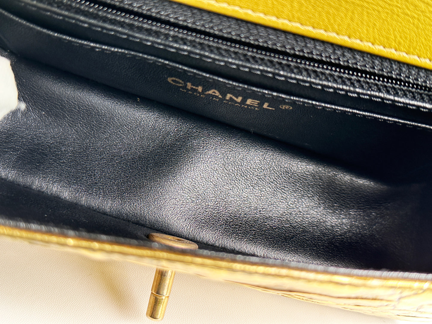 Chanel Mini Calfskin Crocodile Embossed Rectangular Gold Metallic Flap Bag 2803 holo card