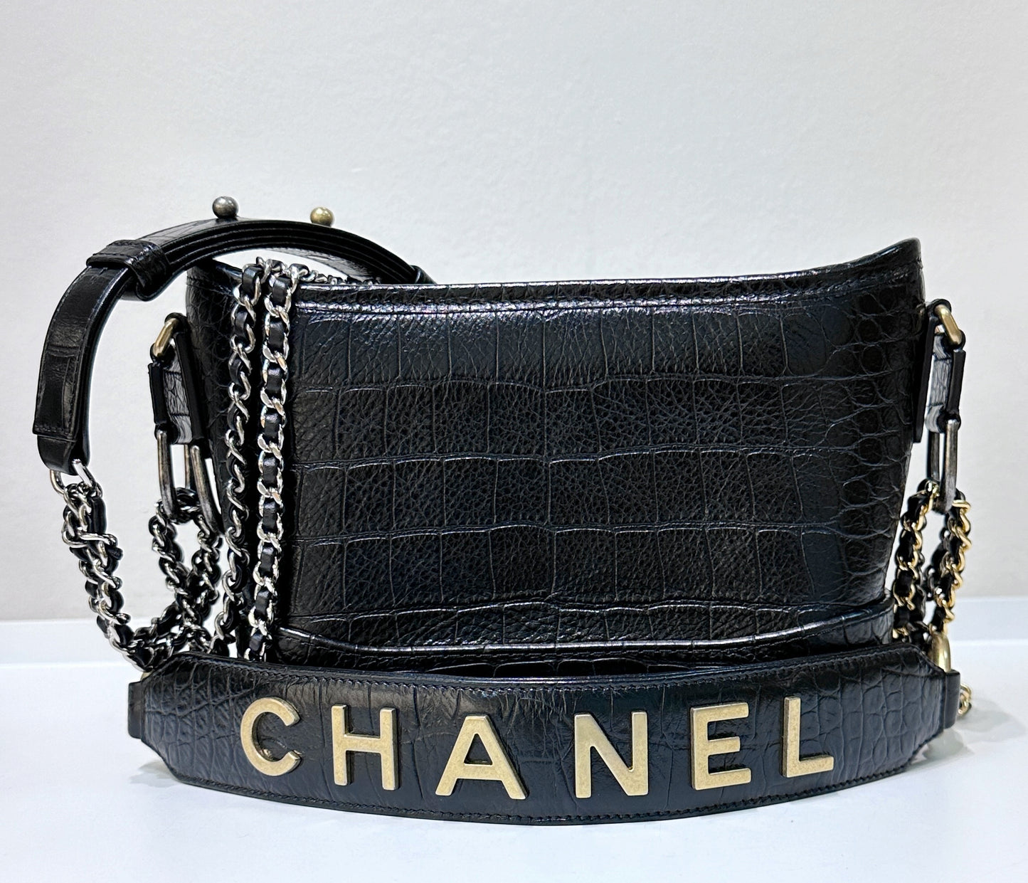 Chanel Small Gabrielle Hobo Bag Crocodile Embossed Calfskin Black