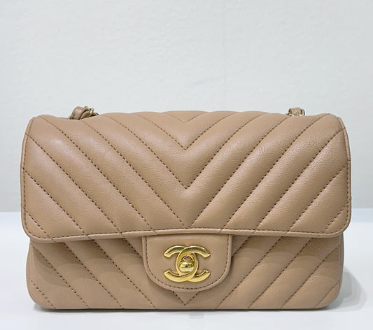 Chanel Mini Rectangular Calfskin Chevron Quilted Flap Dark Beige