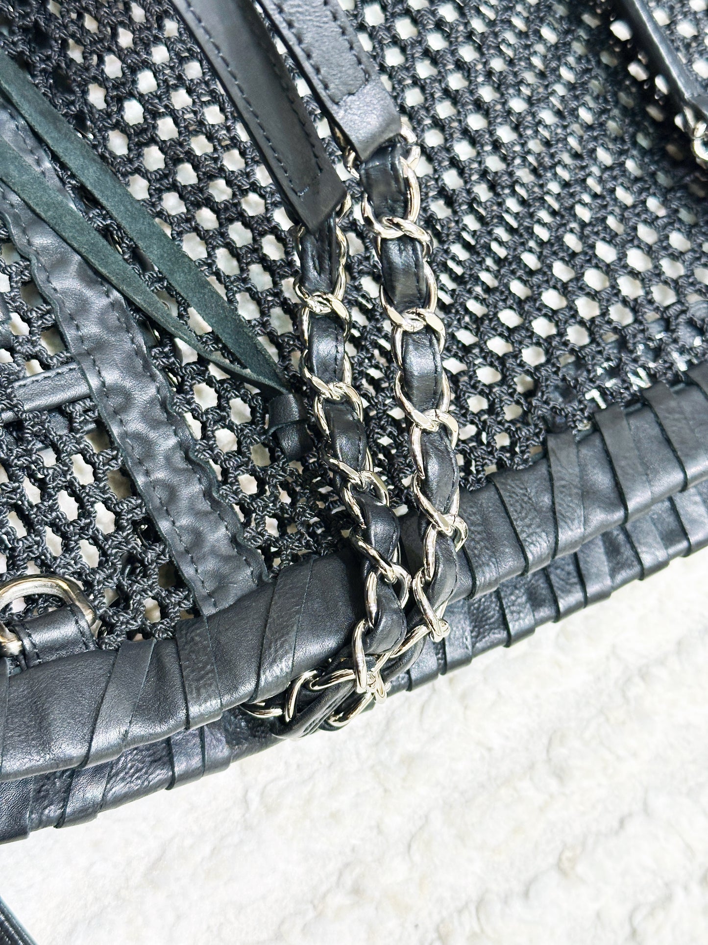 Chanel Limited Edition Resort 2011 Black Fringe Mesh Tote Bag 1373 holo card