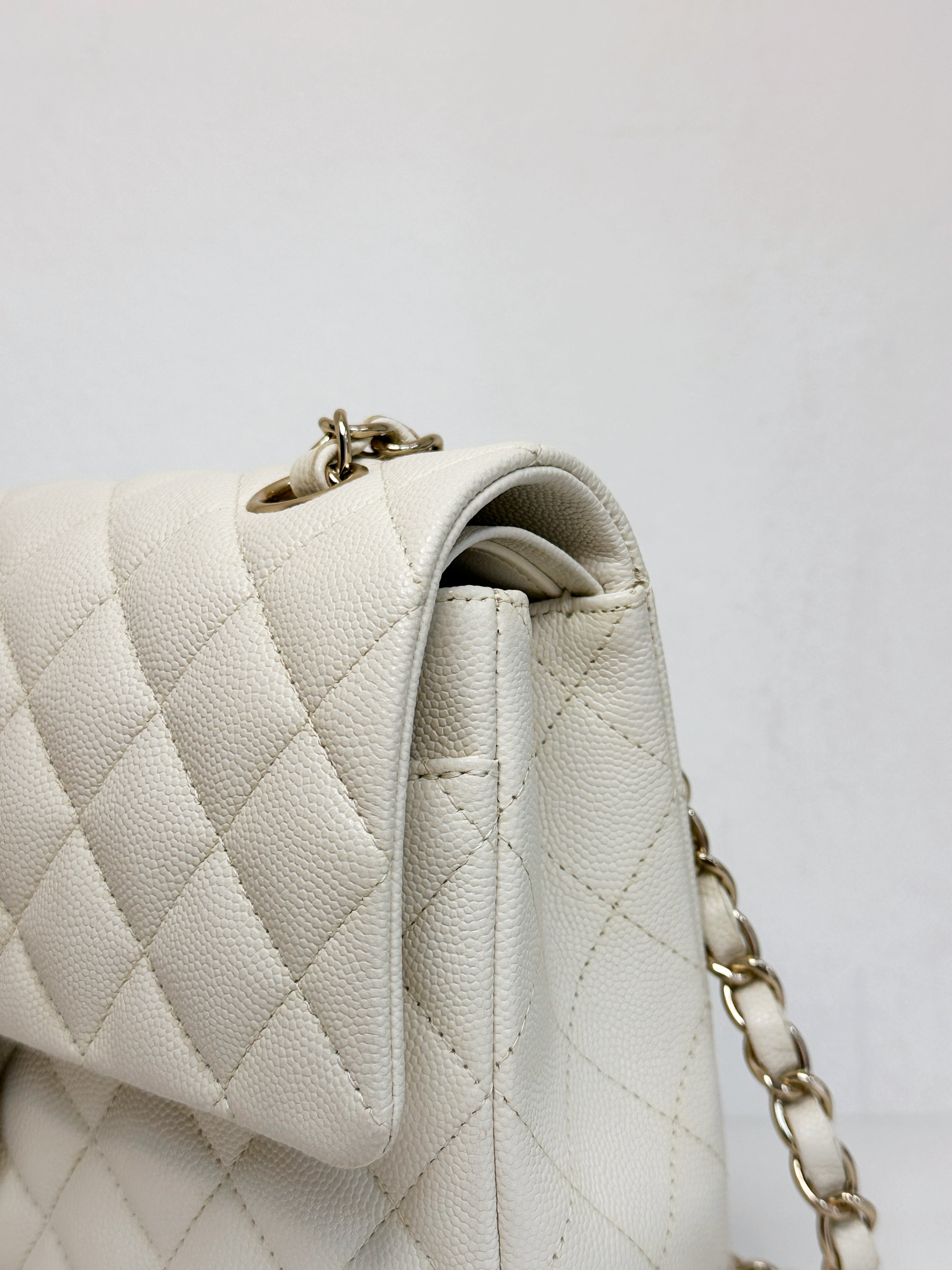 Chanel Medium Caviar Classic Quilted Double Flap White Light Beige Bag LGHW L45J microchip