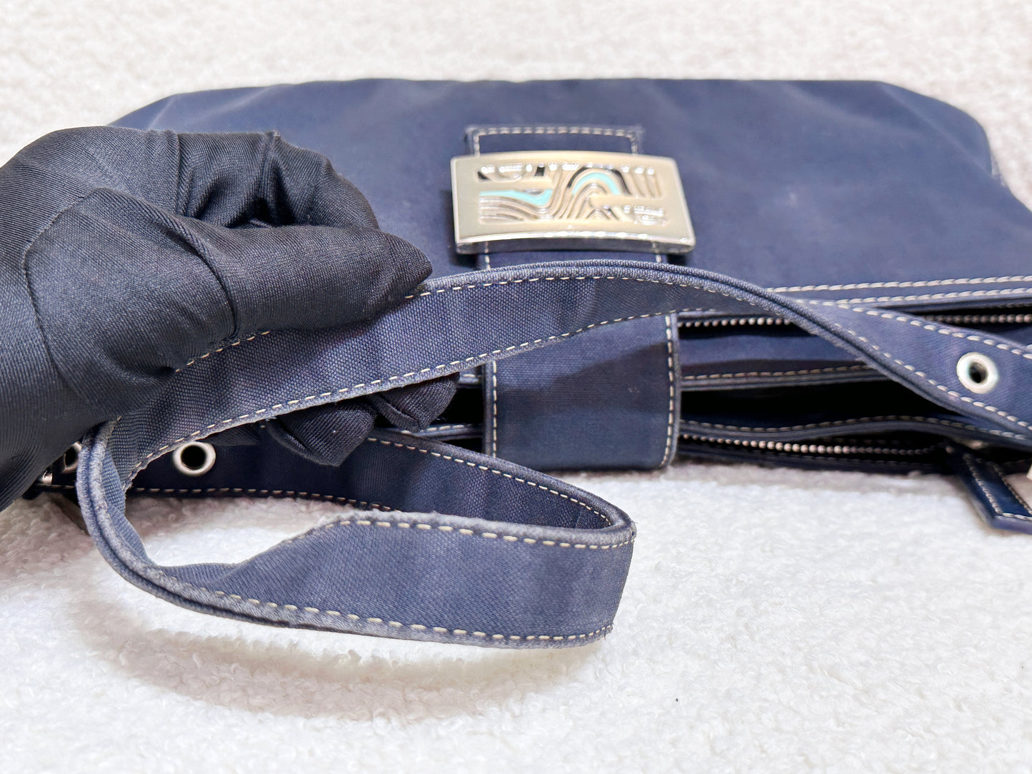 Fendi Mamma Baguette Canvas Shoulder Bag Navy blue