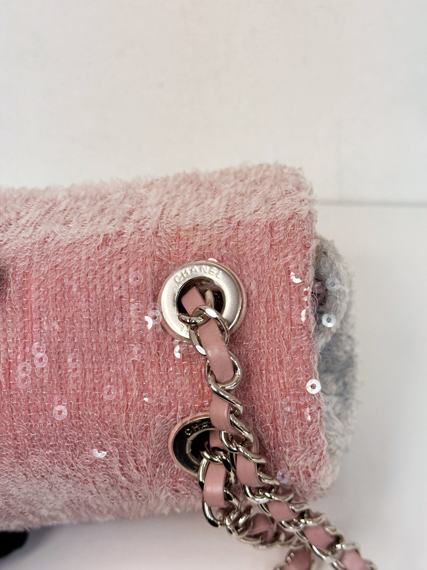 Chanel 18S Sequin Mini Waterfall Flap Pink Blue Yellow 2557 holo card