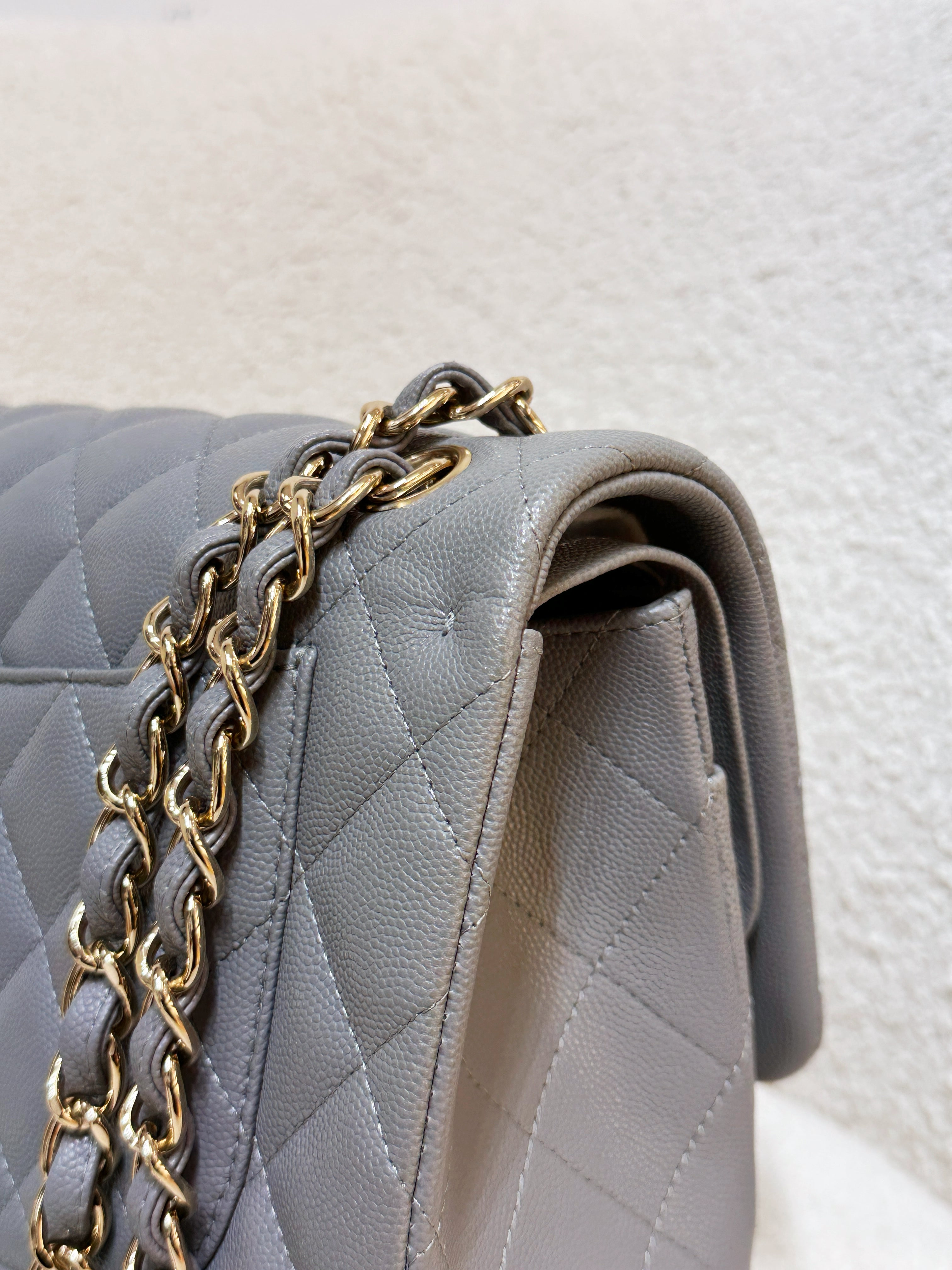 Chanel Jumbo Caviar Classic Quilted Double Flap Bag Light Grey LGHW 2910 holo card