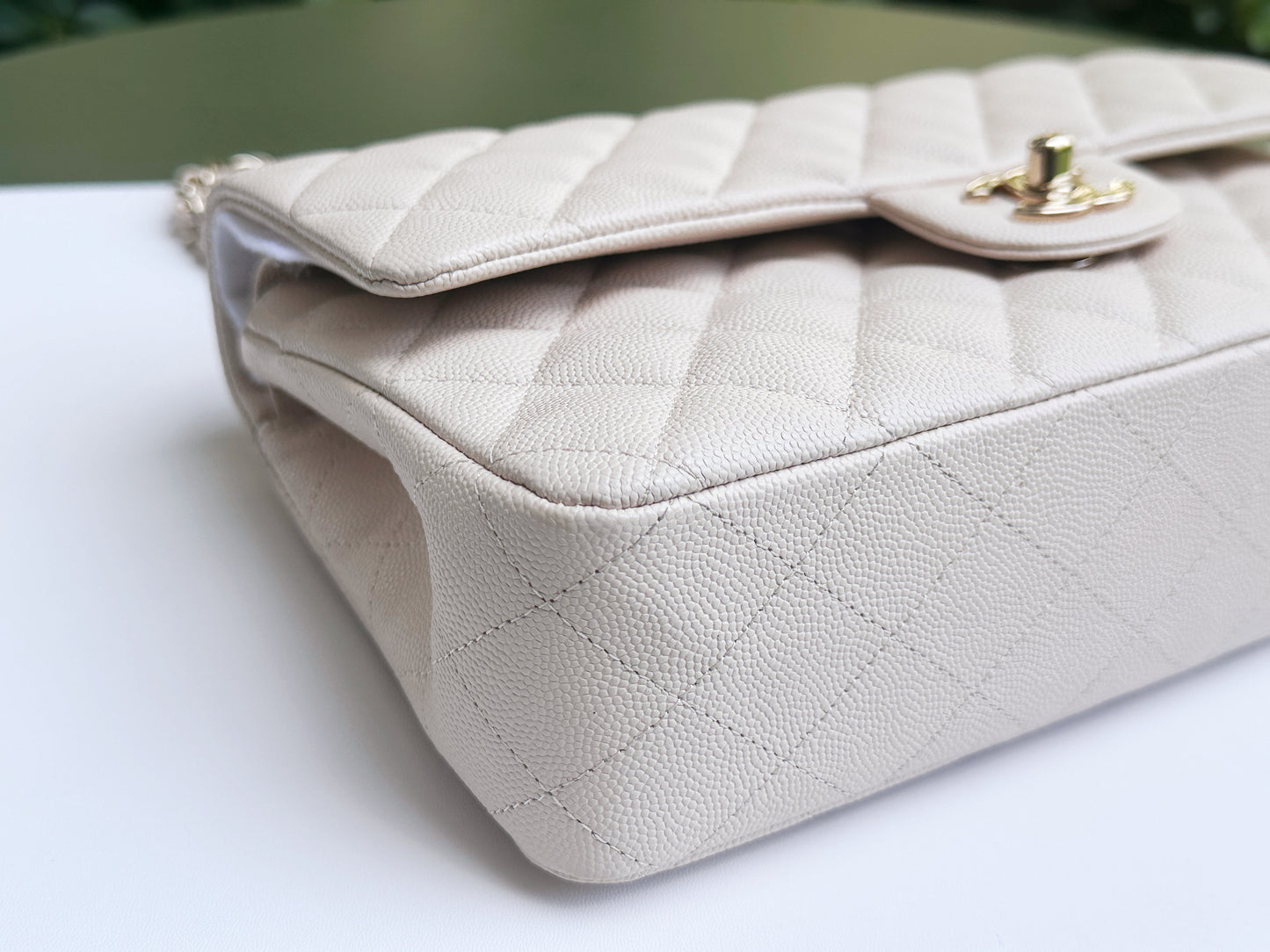 Chanel Medium Caviar Classic Quilted Double Flap Ivory Light Beige Bag LGHW